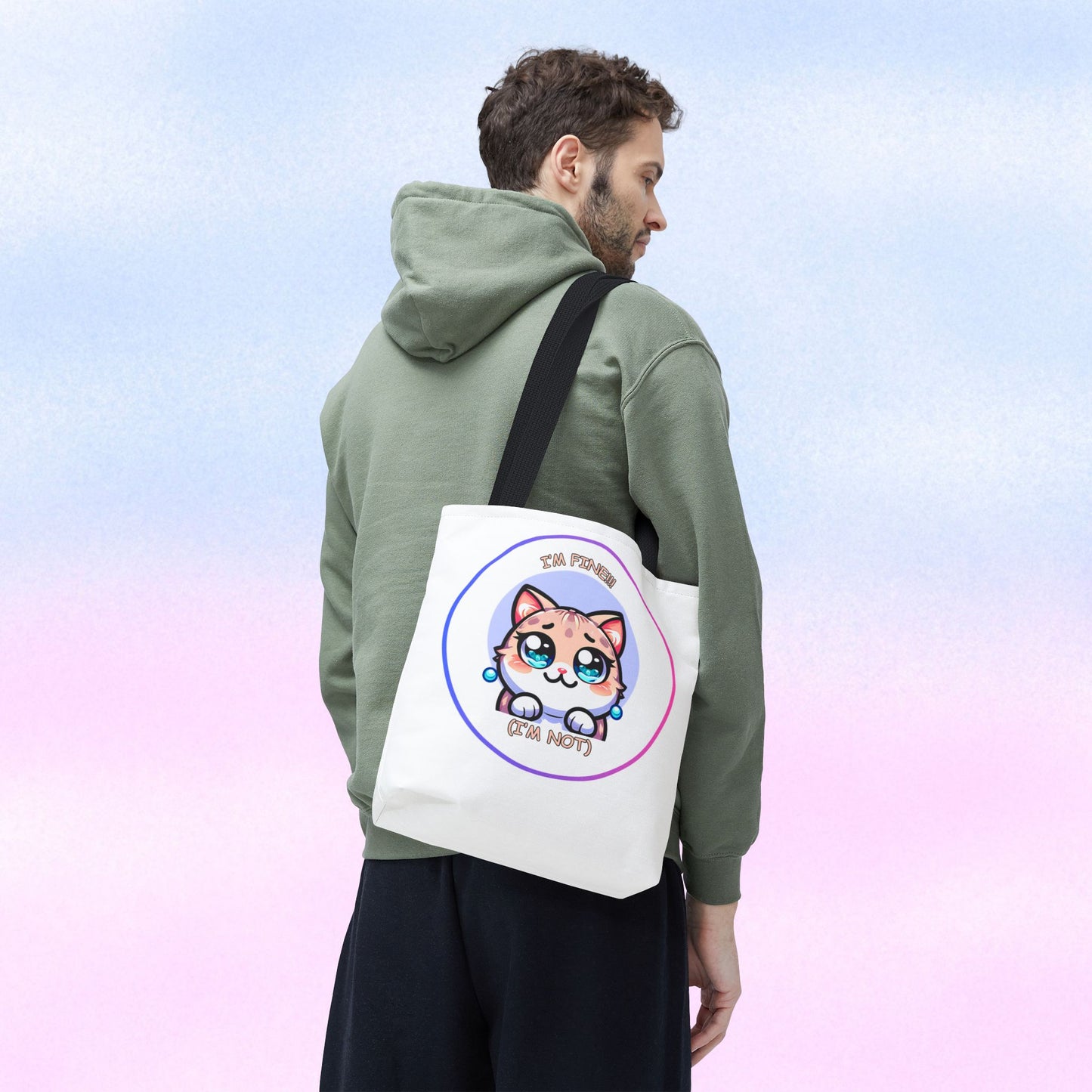 Cute Kawaii Cat Meltdown Emote Tote Bag — "I’m Fine(I'm Not)" Graphic Tote