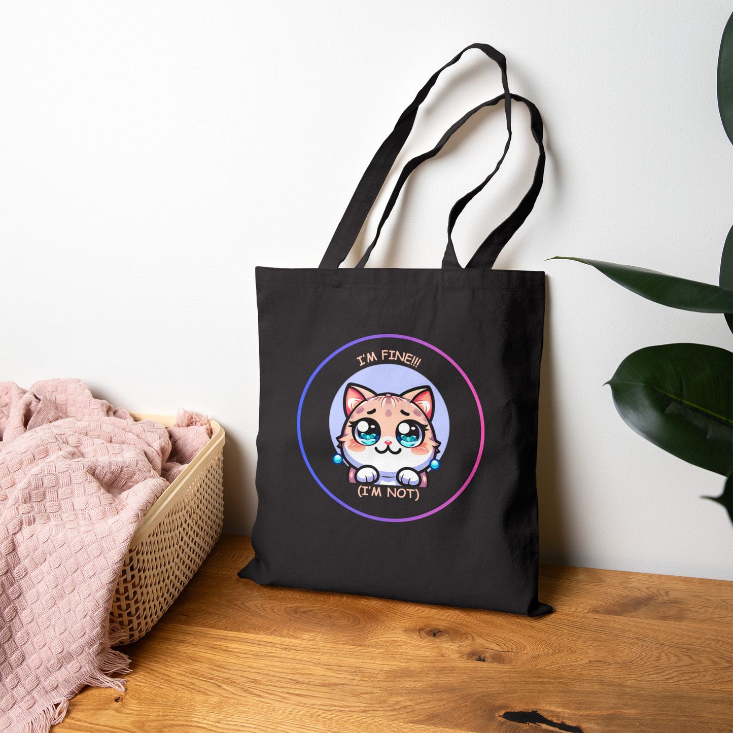 Tote Bag — Cute Kawaii Cat Meltdown Emote “I’m Fine (I’m Not)” Cotton Canvas Tote