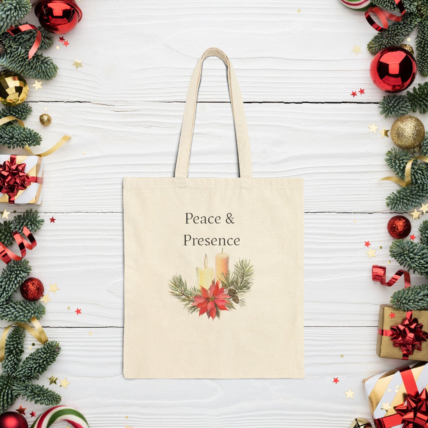 Tote Bag — "Peace & Presence" Holiday Candle Poinsettia Canvas Tote, Cozy Christmas Aesthetic