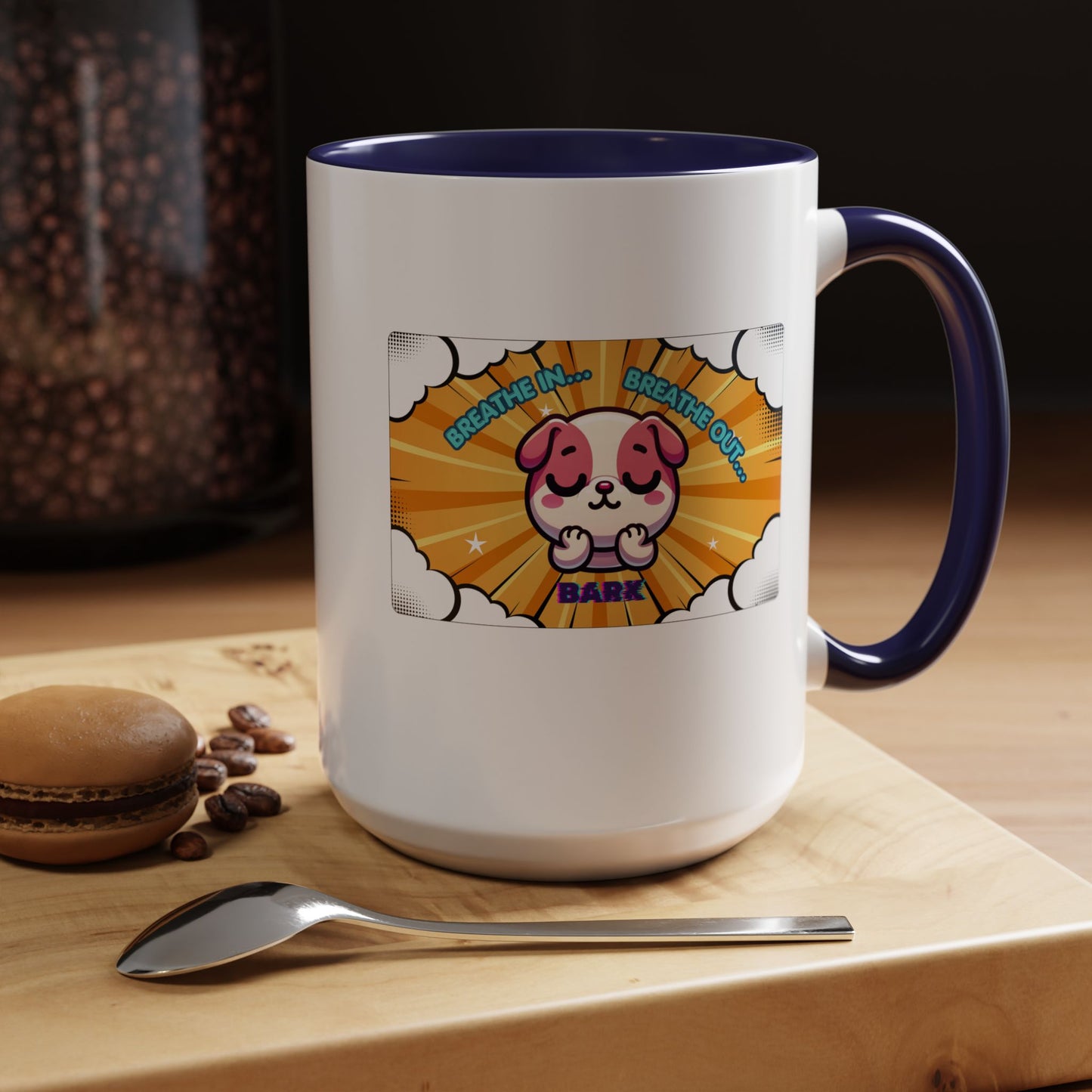 Stay Calm Pink Bulldog Kawaii Emote Coffee Mug — "Breathe In... Breathe Out... Bark"
