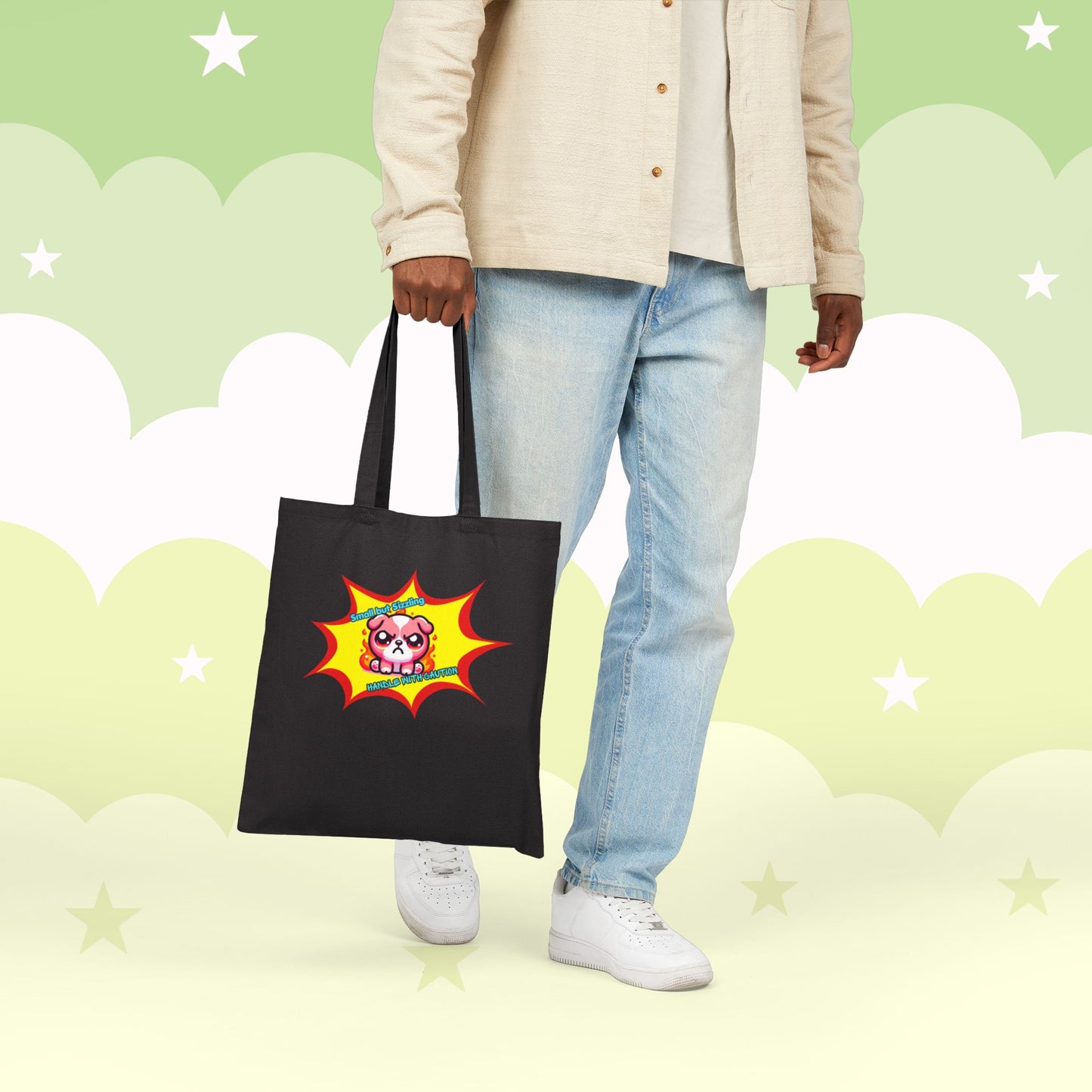 Pink Bulldog Tote Bag, "Small but Sizzling, Handle with Caution' Cute Fiery Mad Pink Emote
