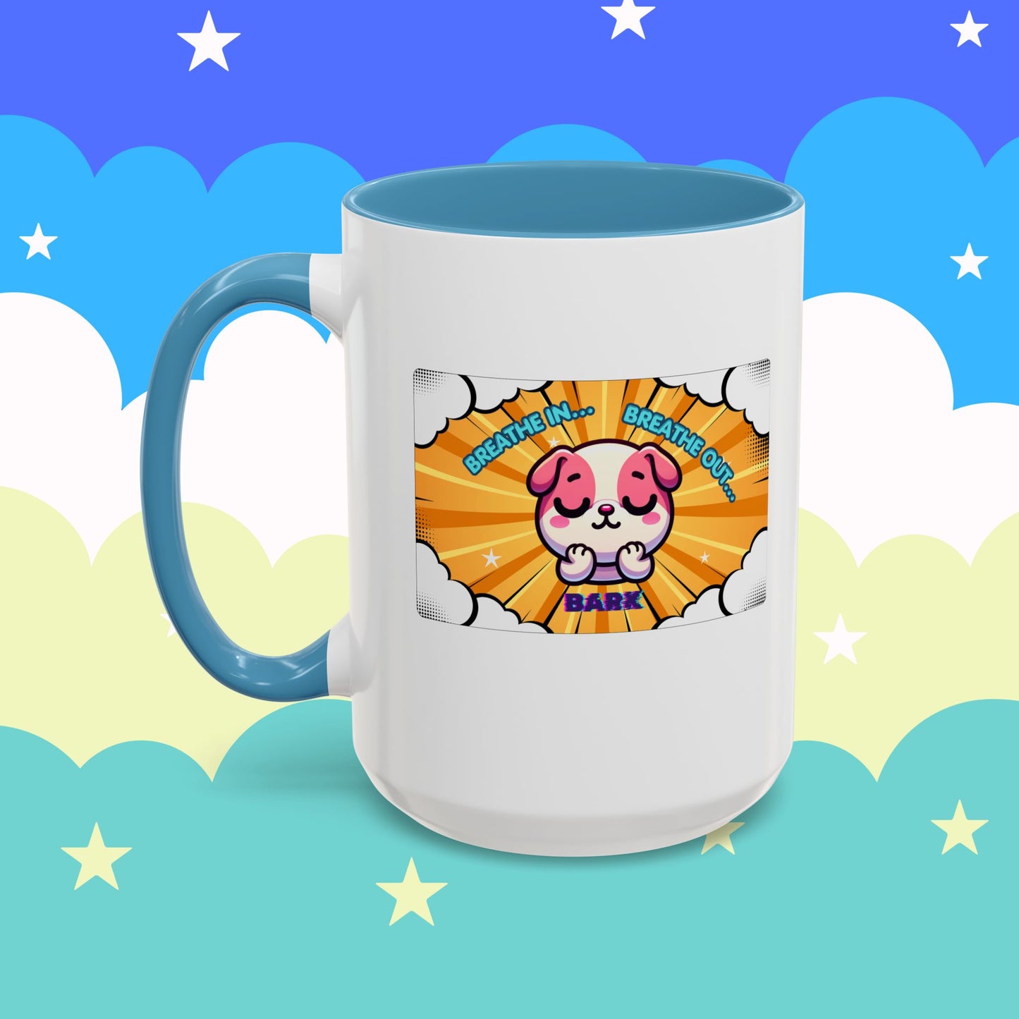 Stay Calm Pink Bulldog Kawaii Emote Coffee Mug — "Breathe In... Breathe Out... Bark"