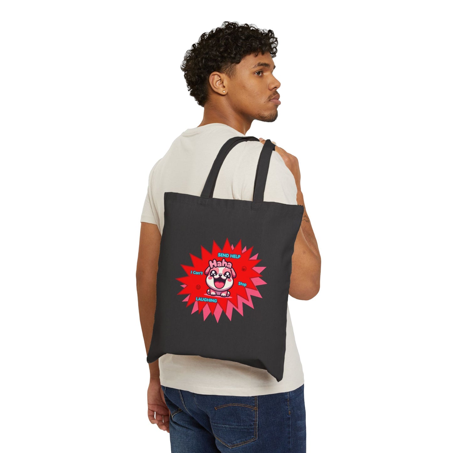 Canvas Tote Bag — Laughing Pink Bulldog "Send Help, I Can't Stop Laughing"