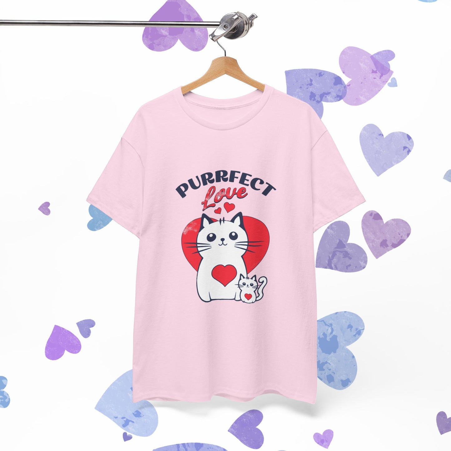 Purrfect Love Cat T-Shirt — Cute Heart Cat Graphic Tee for Cat Lovers, Valentine's Day Gift