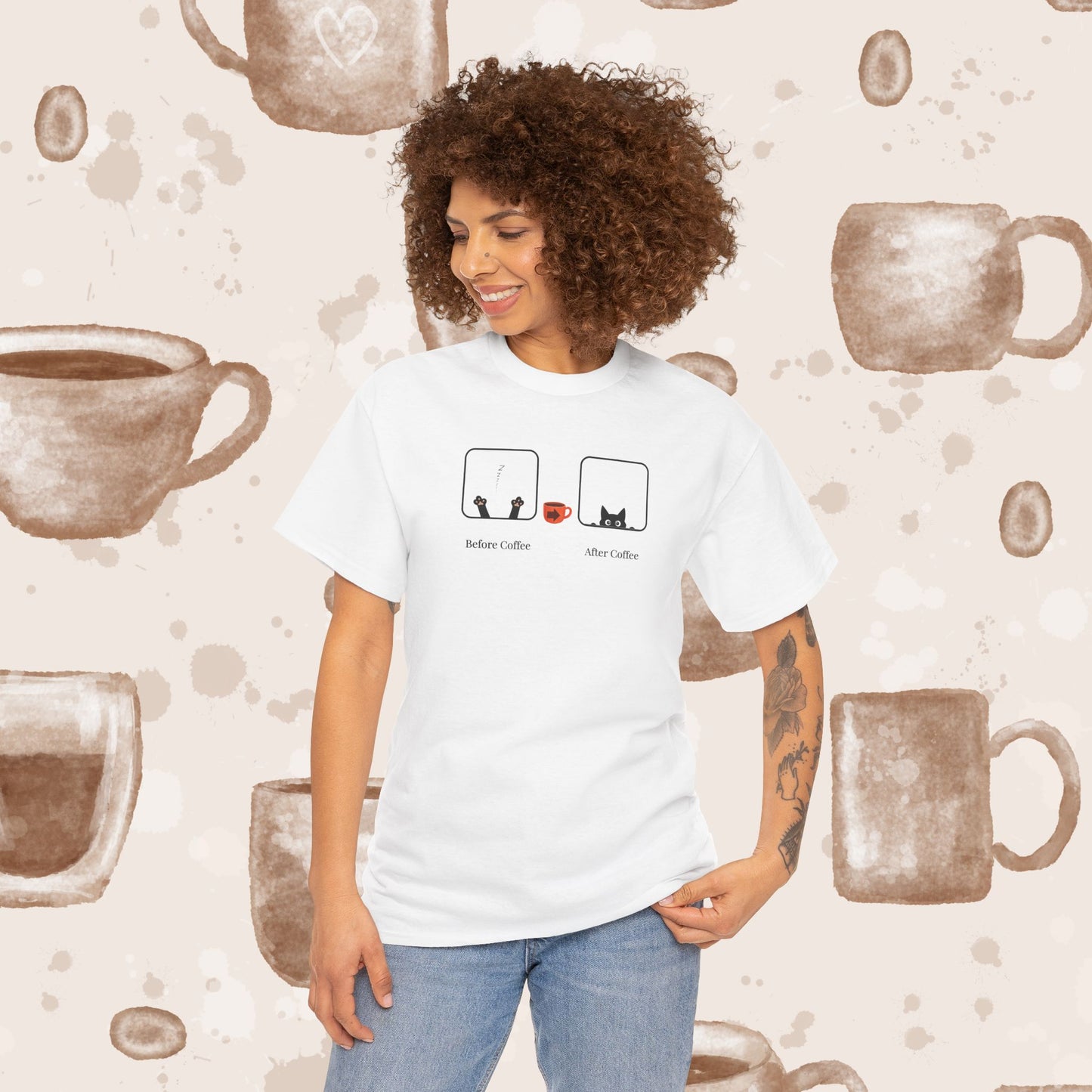 Before Coffee / After - Minimalist Coffee Cat Lover Graphic Tee