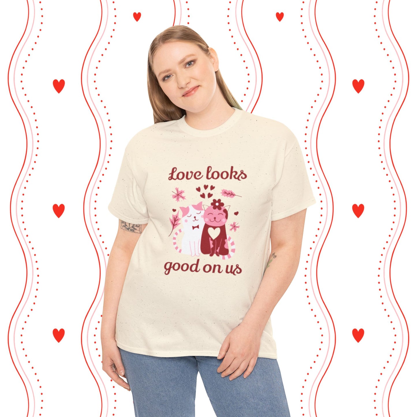 Love Looks Good On Us Tee — Romantic Cat Heart Valentine T-Shirt