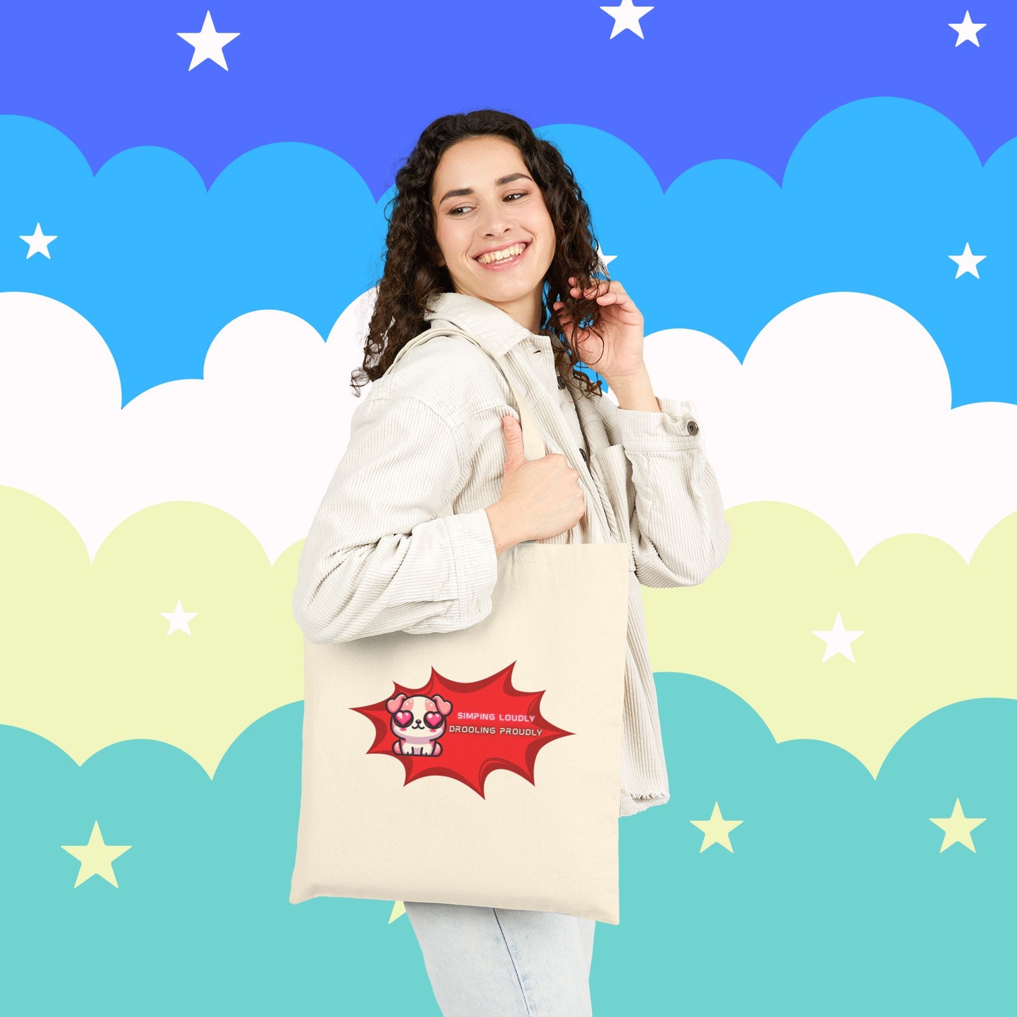 Kawaii Heart-Eyed Bulldog Tote — “Simping Loudly, Drooling Proudly” Cotton Canvas Bag