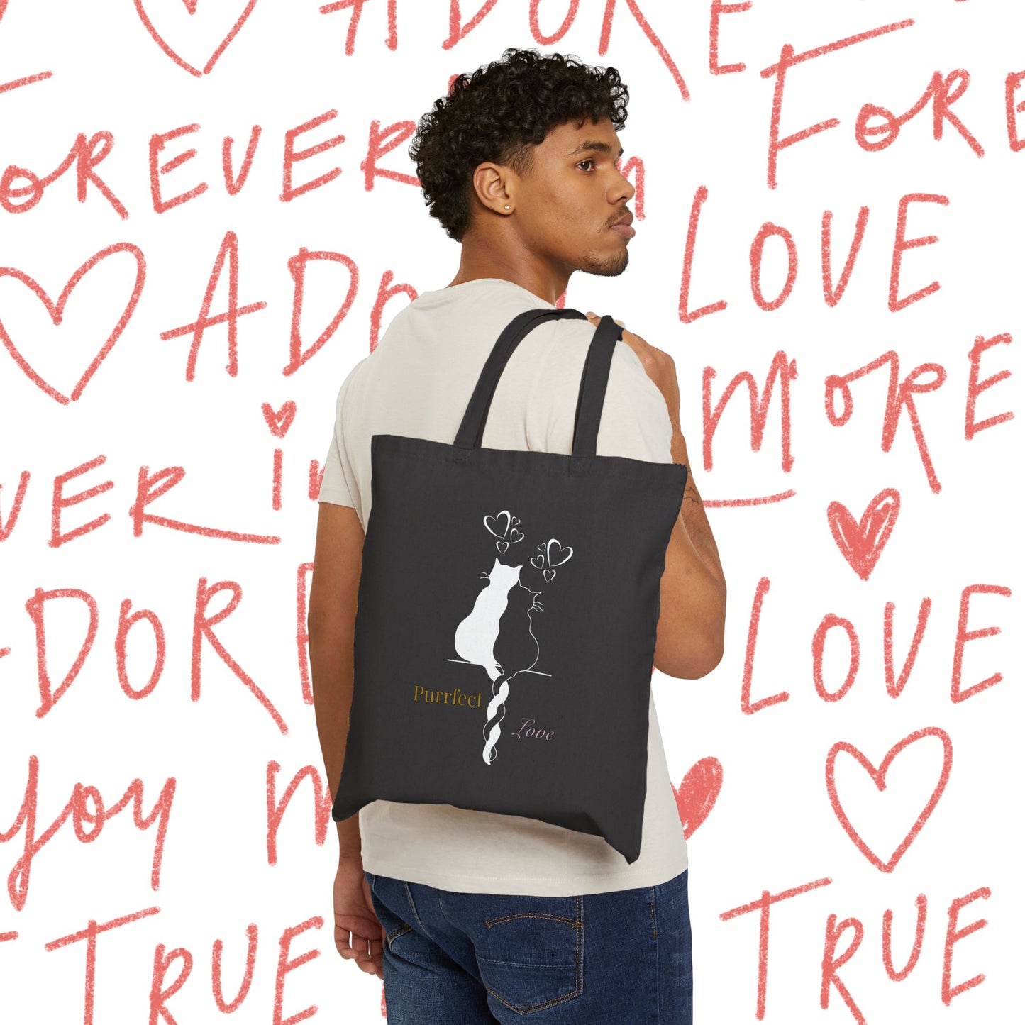 Love Cats Tote Bag — "Purrfect Love" Romantic Cat Couple Canvas Tote