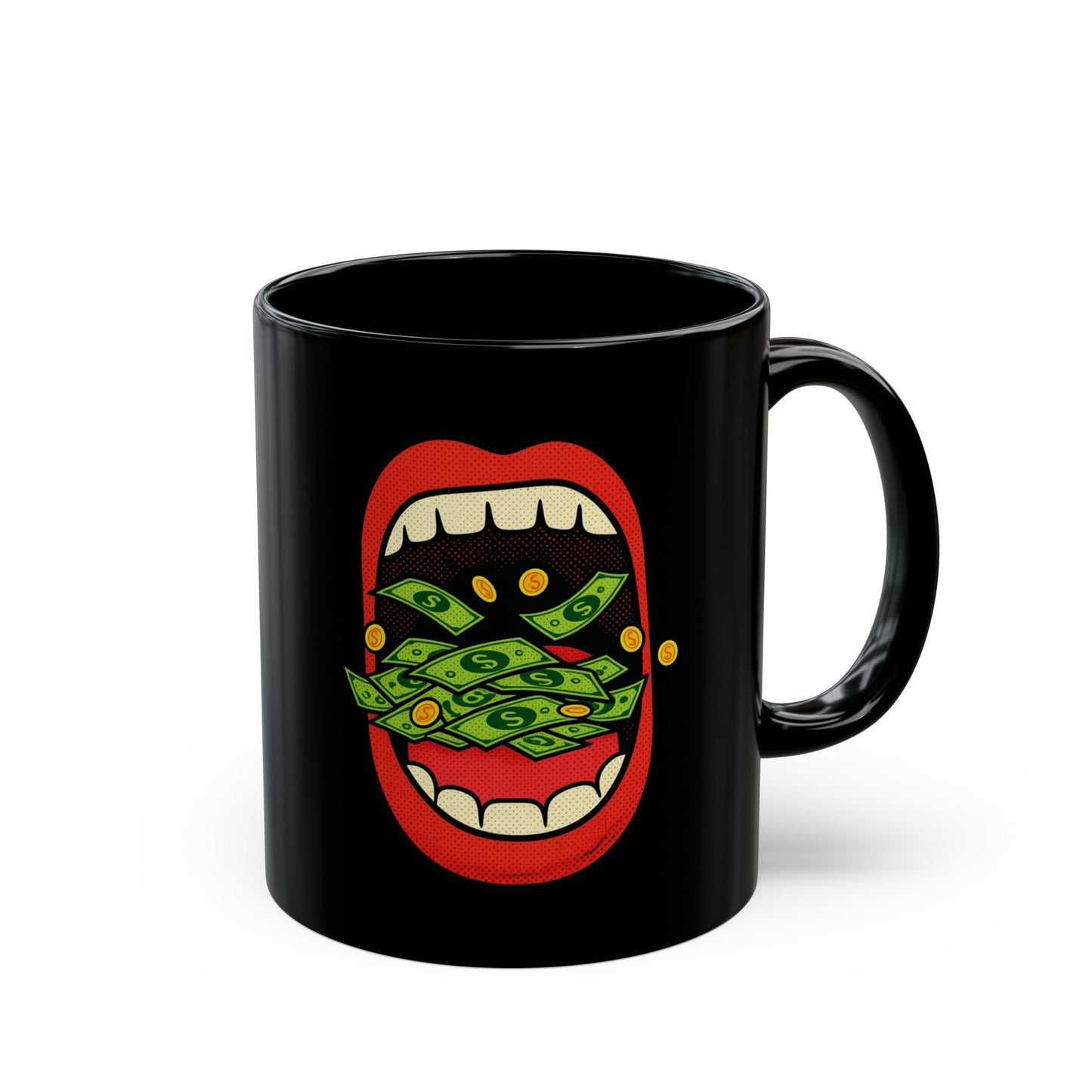Money Mouth Mug — "Eating Prosperity" Black Coffee Cup with Cash-Throwing Lips (11oz, 15oz)