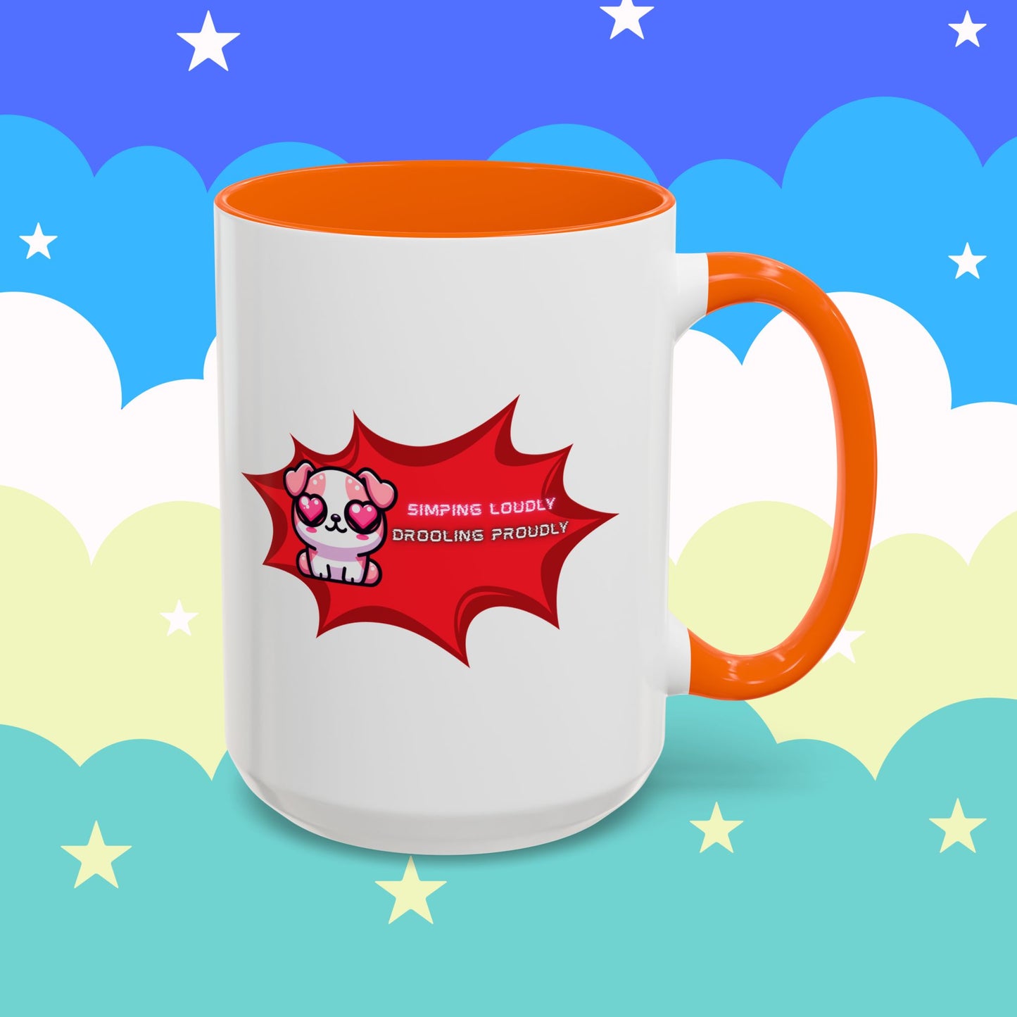 Cute Pink Bulldog Coffee Mug — “Simping Loudly, Drooling Proudly” Kawaii Heart-Eyed