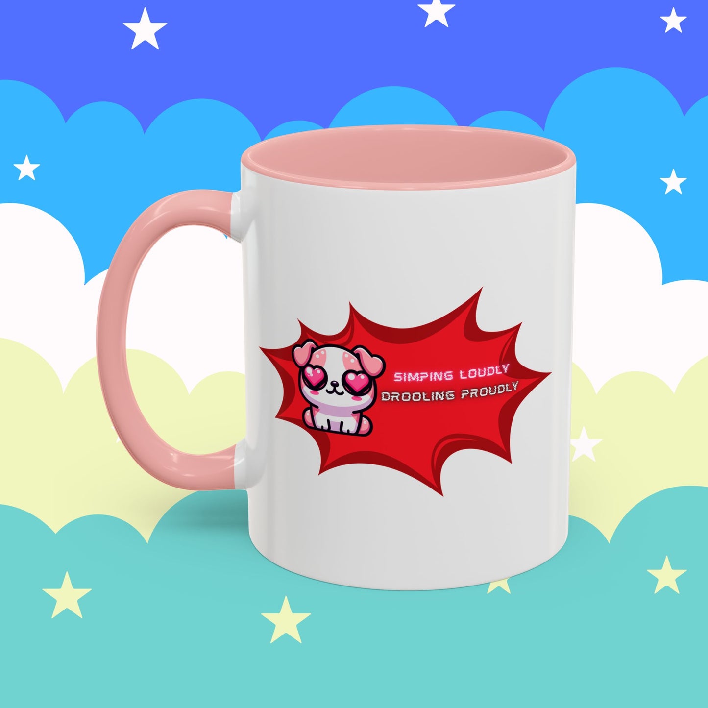 Cute Pink Bulldog Coffee Mug — “Simping Loudly, Drooling Proudly” Kawaii Heart-Eyed