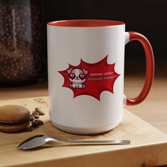 Cute Pink Bulldog Coffee Mug — “Simping Loudly, Drooling Proudly” Kawaii Heart-Eyed