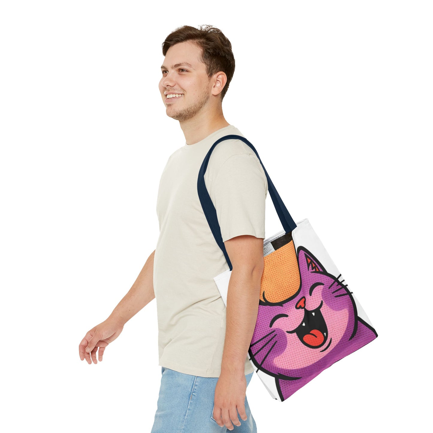 Happy Purple Cat Tote Bag — Cute Kawaii Cat Face AOP Tote