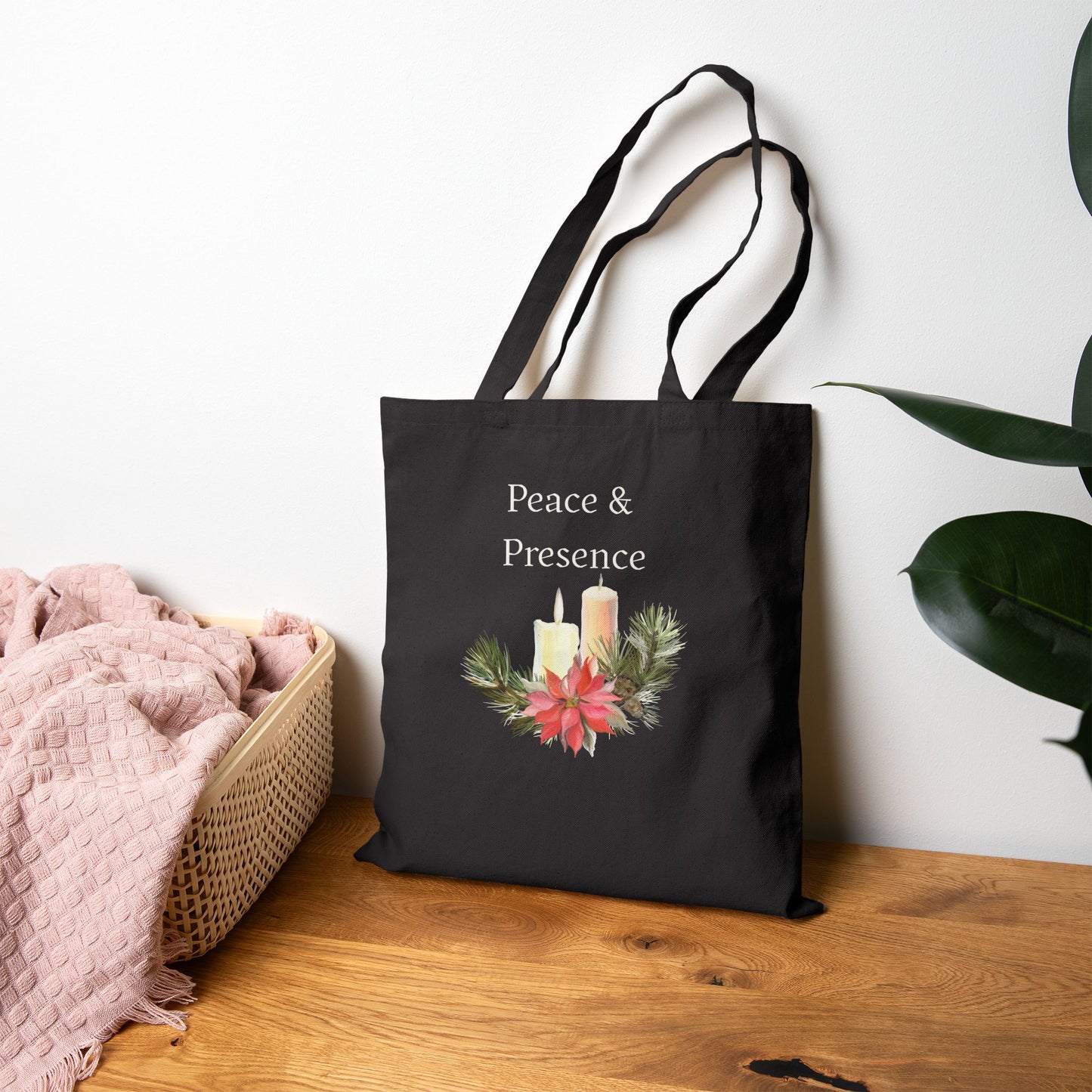 Tote Bag — "Peace & Presence" Holiday Candle Poinsettia Canvas Tote, Cozy Christmas Aesthetic