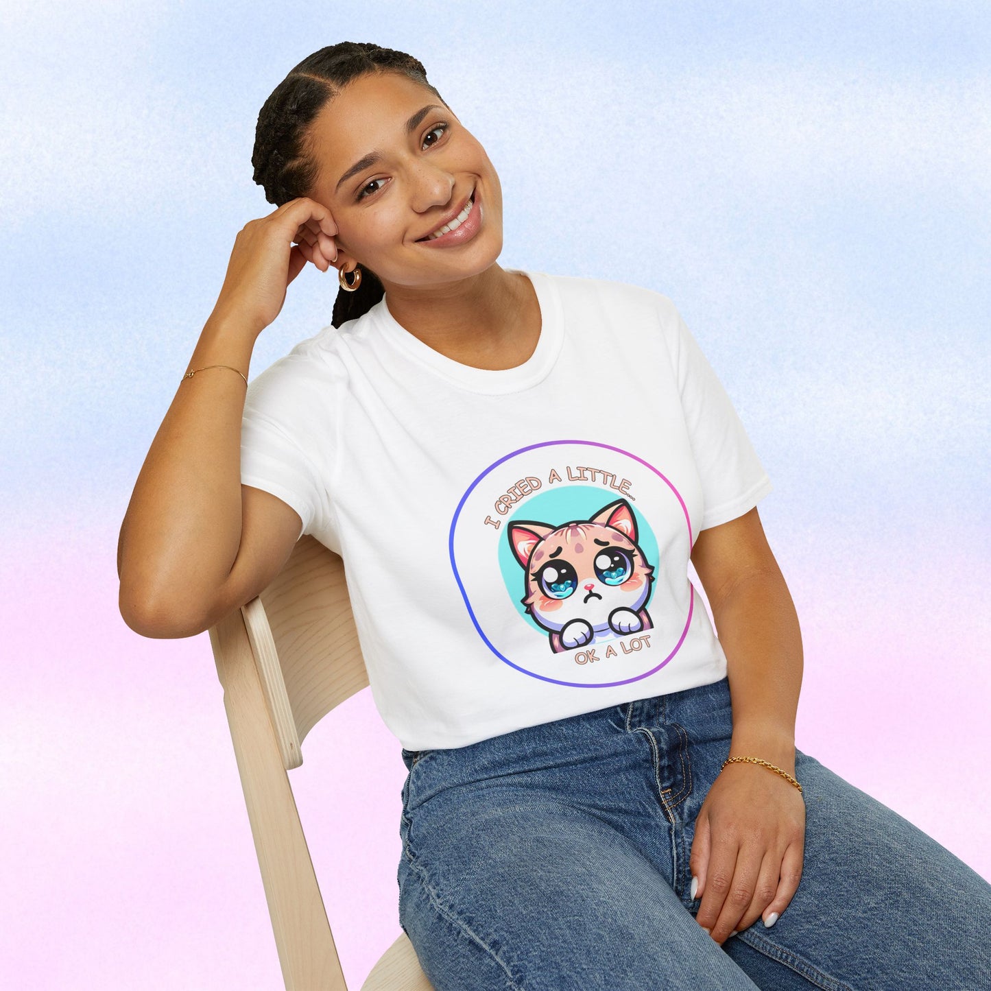 I Cried a Little.... OK a Lot - Sad Kawaii Cat Illustration T-Shirt | Cute Crying Kitty Graphic