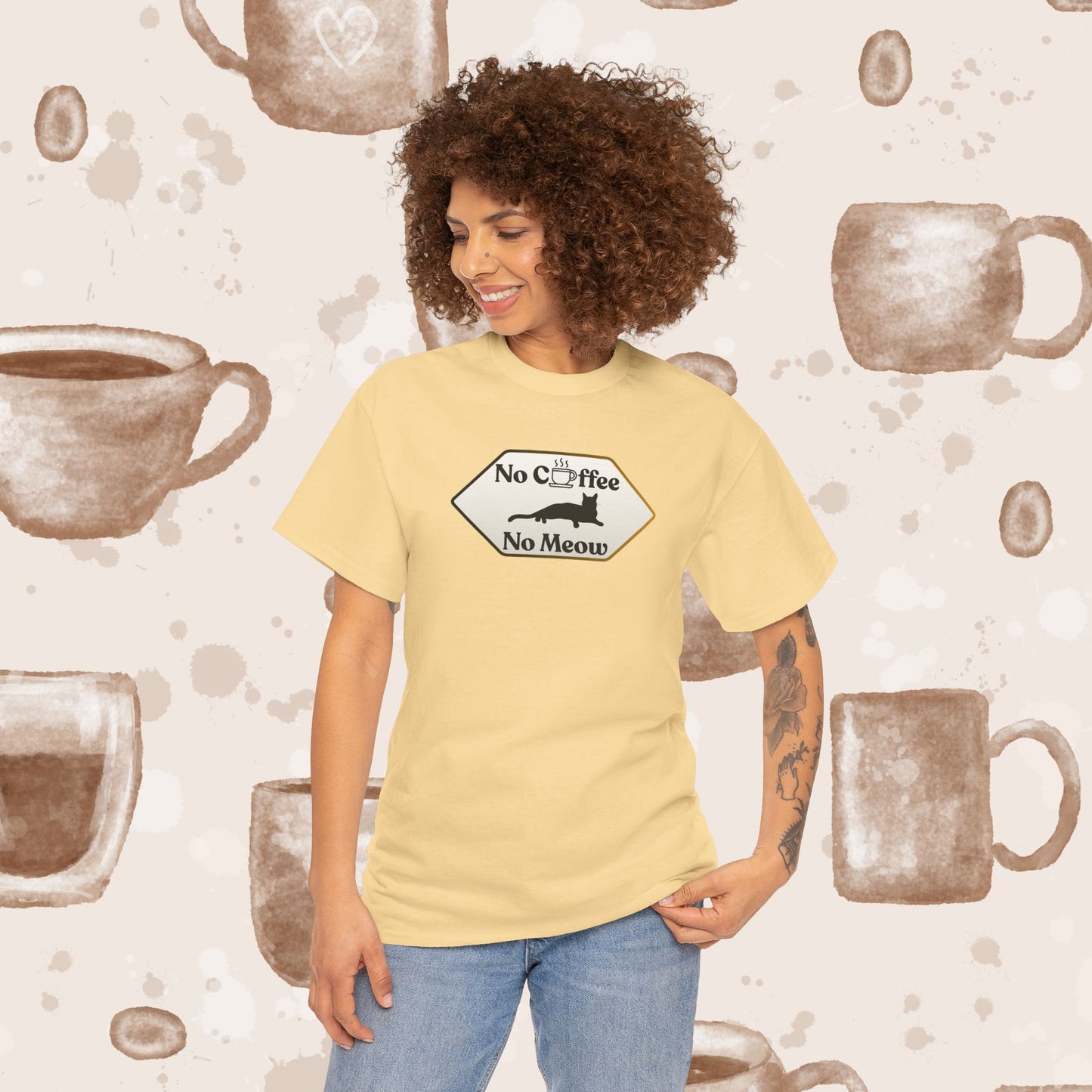 No Coffee No Meow T-Shirt — Sarcastic Coffee Cat Sign Tee, Funny Cat Lover Coffee Tee