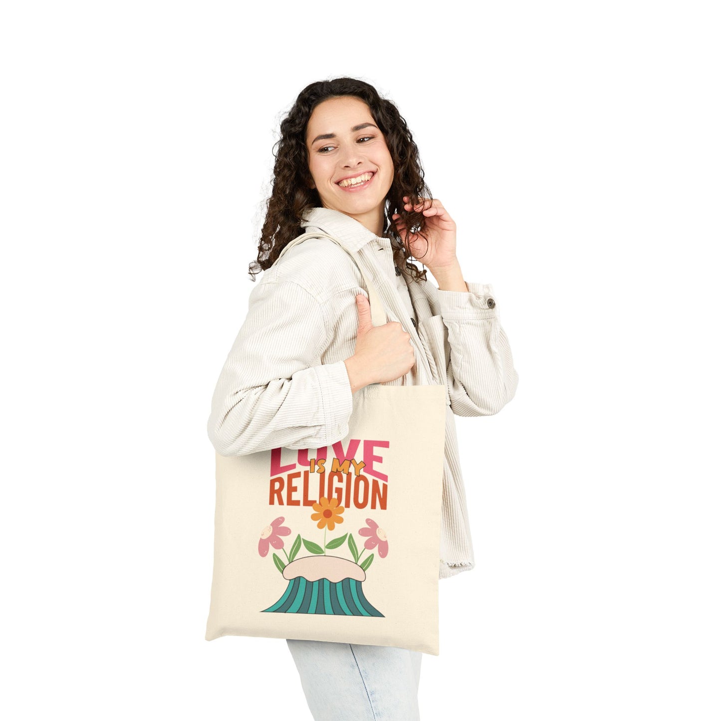 Love Is My Religion Cotton Tote — Floral Retro Canvas Bag