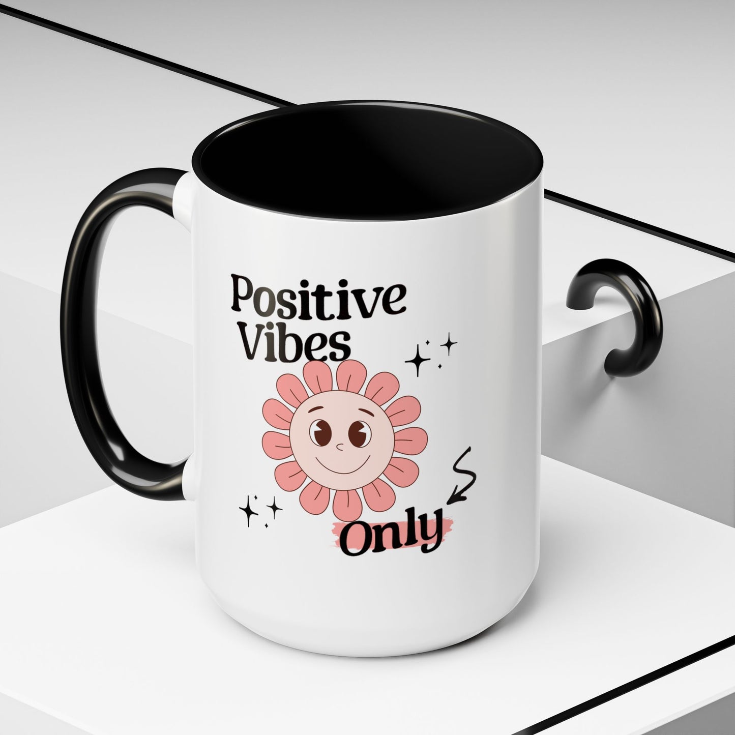 Retro Smiling Pink Flower Accent Coffee Mug — "Positive Vibes Only"