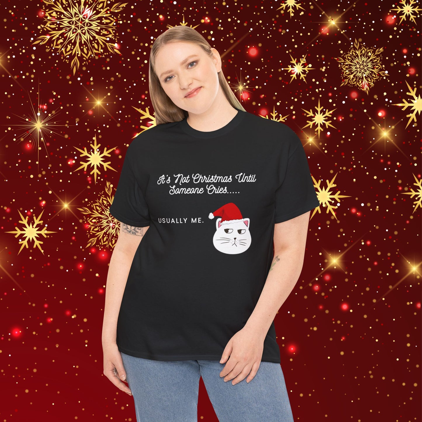 Grumpy Santa Cat Christmas Tee — "It's Not Christmas Until Someone Cries... Usually Me."