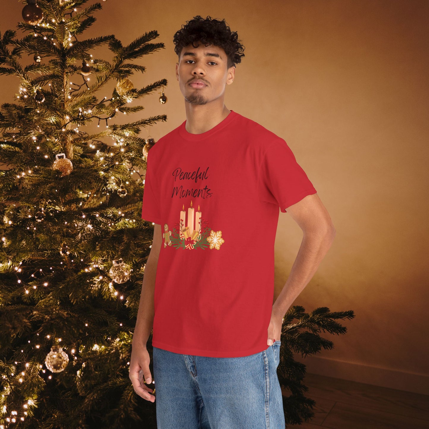Peaceful Moments Tee — Holiday Candle & Floral Graphic T-Shirt, Cozy Christmas Aesthetic