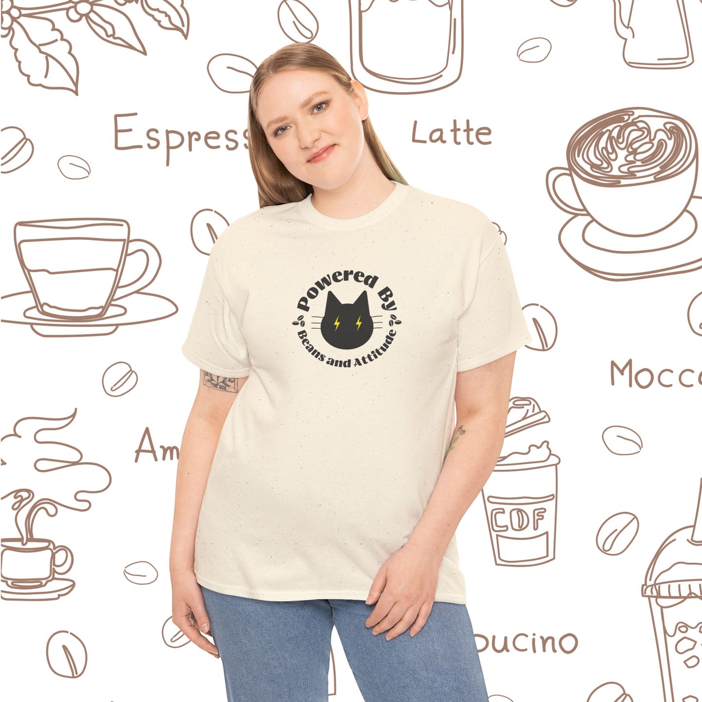 Powered By Beans & Attitude - Coffee Cat graphic tee | minimalist coffee cat illustration, pet lover shirt