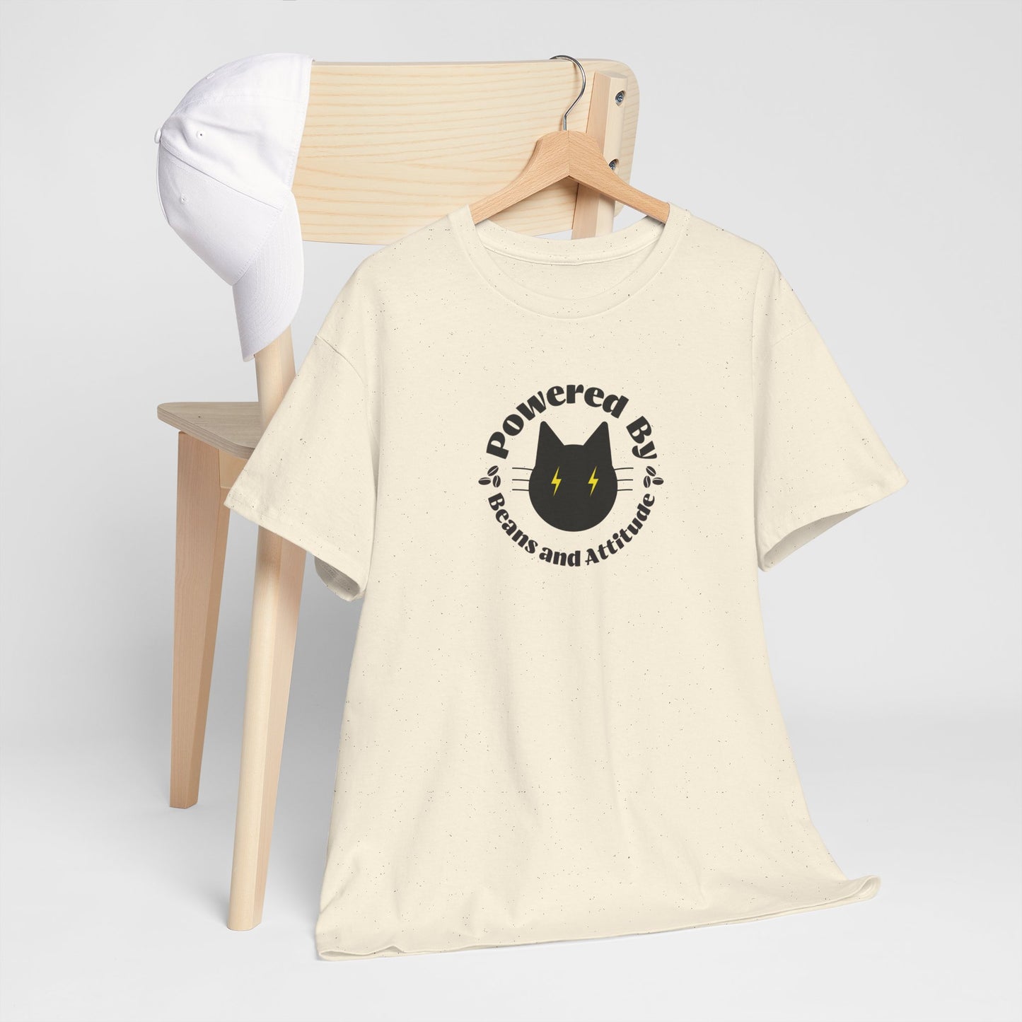 Powered By Beans & Attitude - Coffee Cat graphic tee | minimalist coffee cat illustration, pet lover shirt