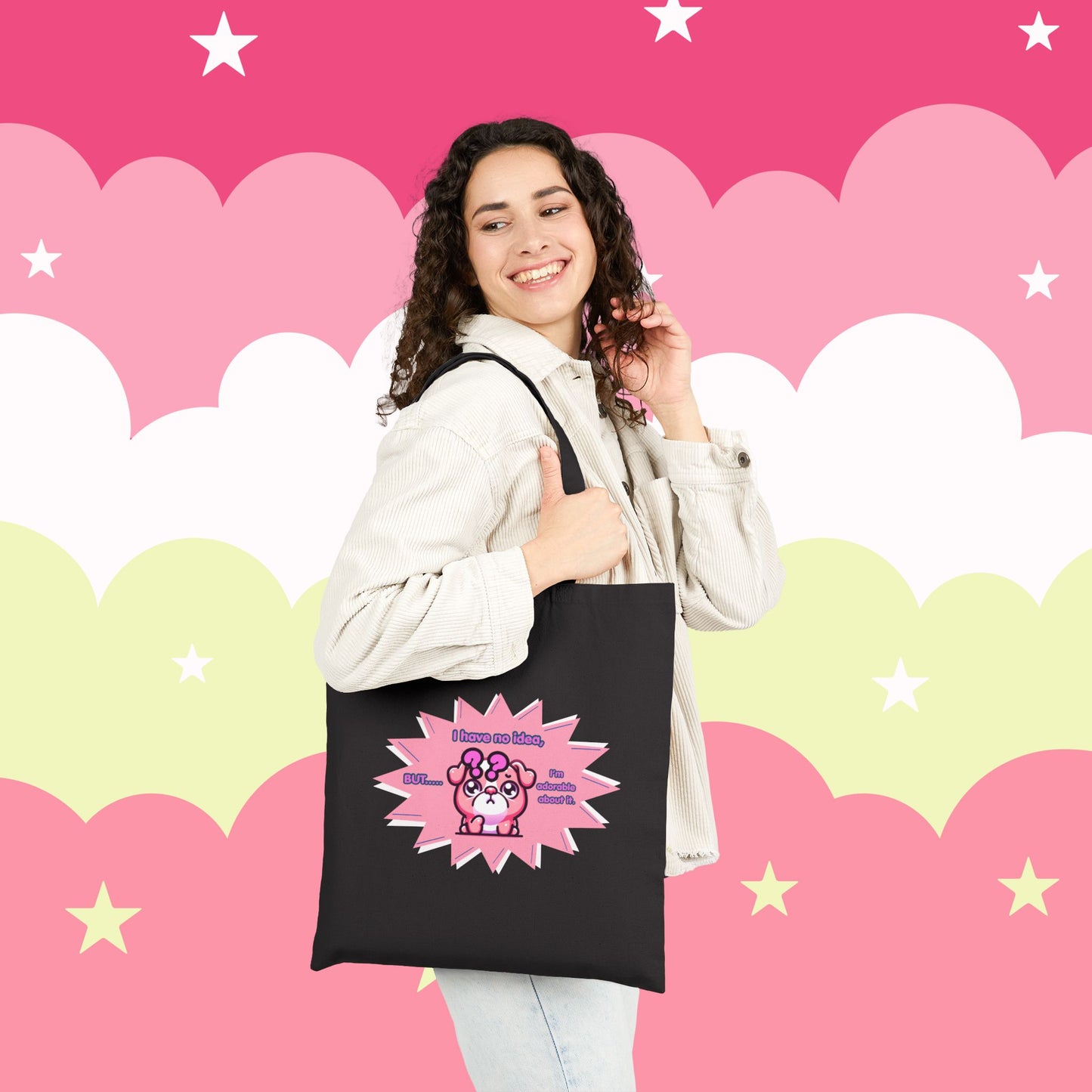 Confused Pink Bulldog Tote Bag — "I have no idea, but... I'm adorable about it."
