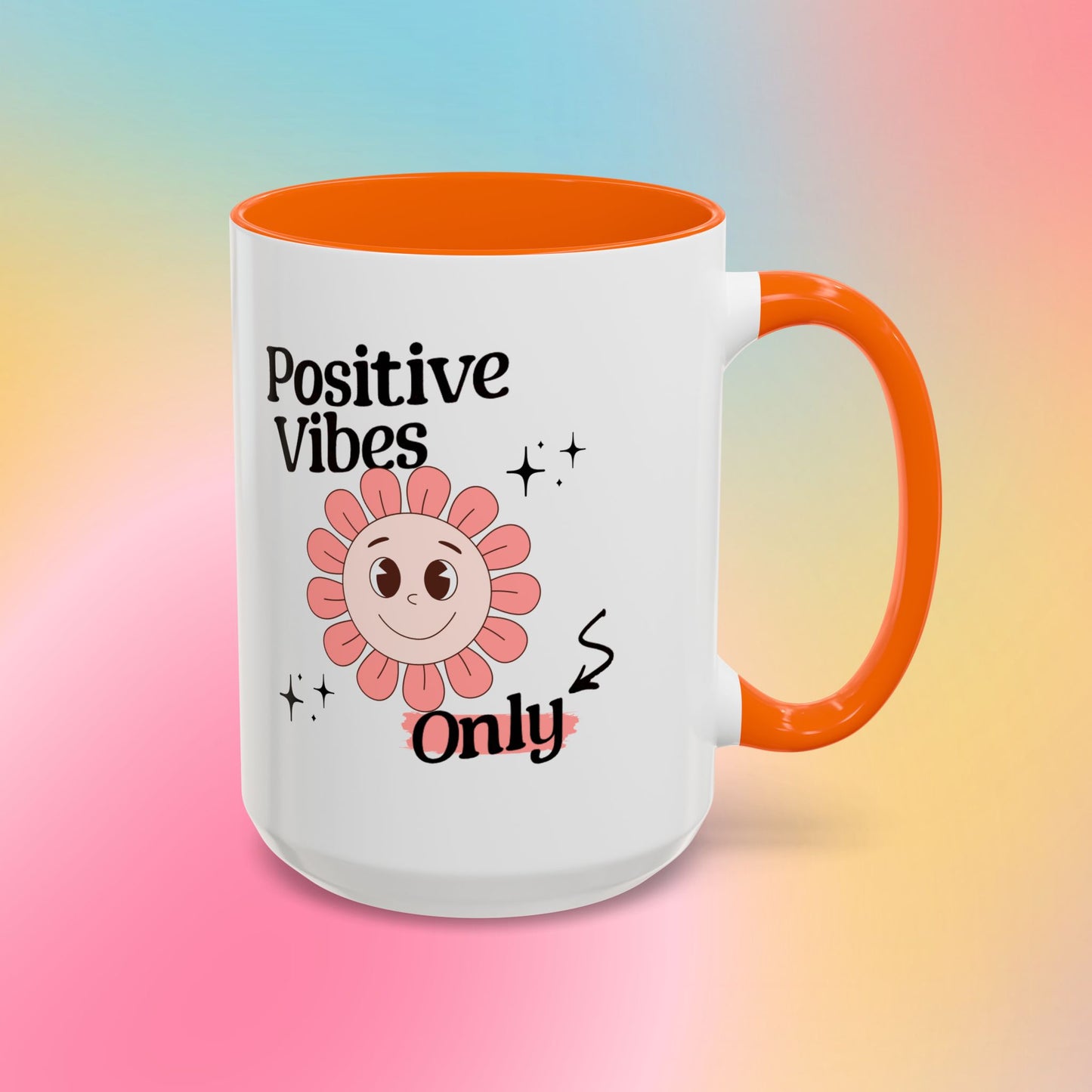 Retro Smiling Pink Flower Accent Coffee Mug — "Positive Vibes Only"