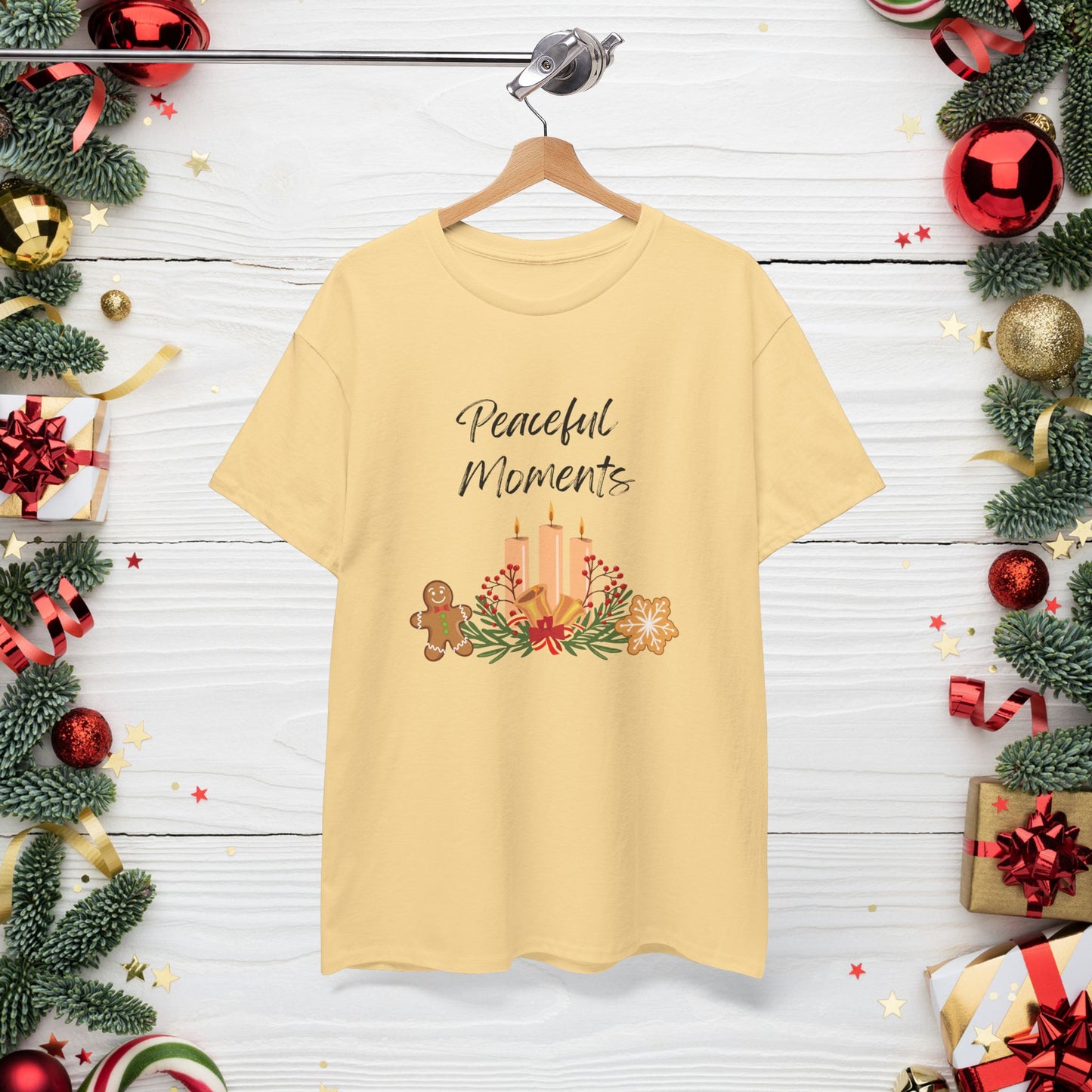 Peaceful Moments Tee — Holiday Candle & Floral Graphic T-Shirt, Cozy Christmas Aesthetic