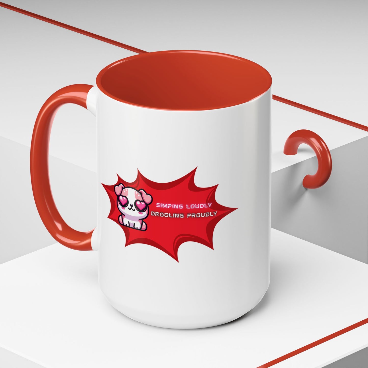 Cute Pink Bulldog Coffee Mug — “Simping Loudly, Drooling Proudly” Kawaii Heart-Eyed