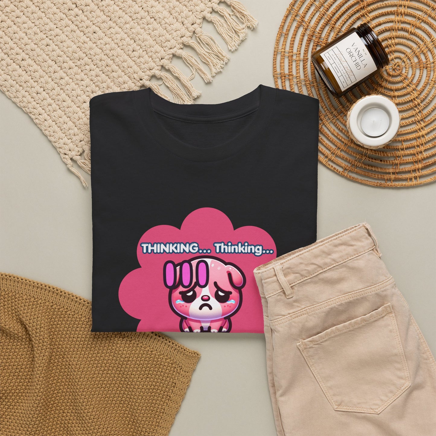 Contemplating Pink Bulldog Emote "Thinking... Still Thinking!" MoodT-Shirt