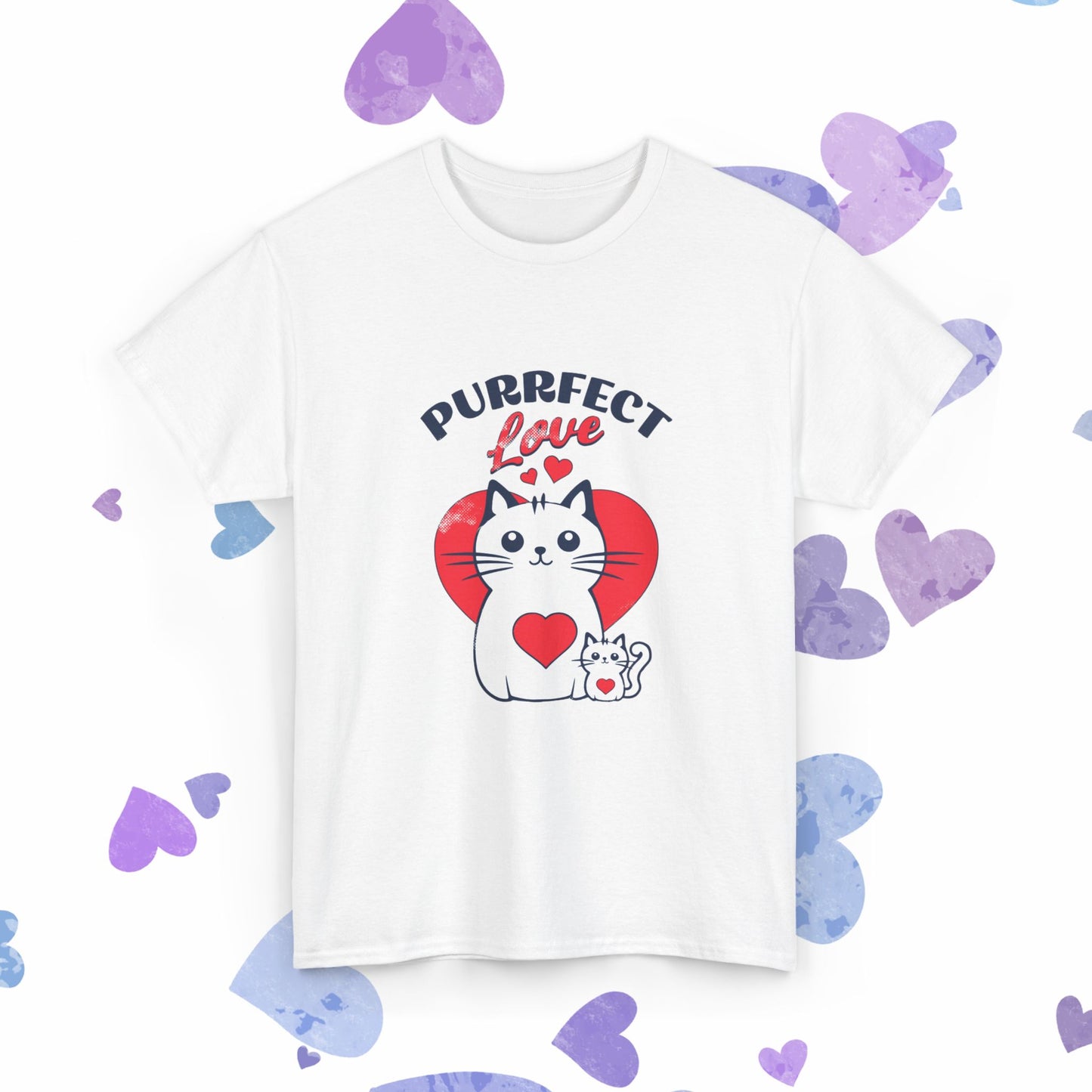 Purrfect Love Cat T-Shirt — Cute Heart Cat Graphic Tee for Cat Lovers, Valentine's Day Gift