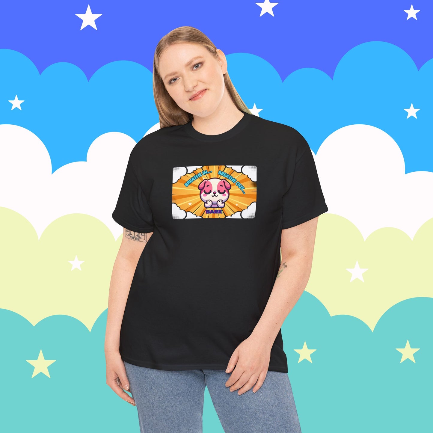 Stay Calm Pink Bulldog T-Shirt — "Breath in, Breath out, Bark" Funny Tee