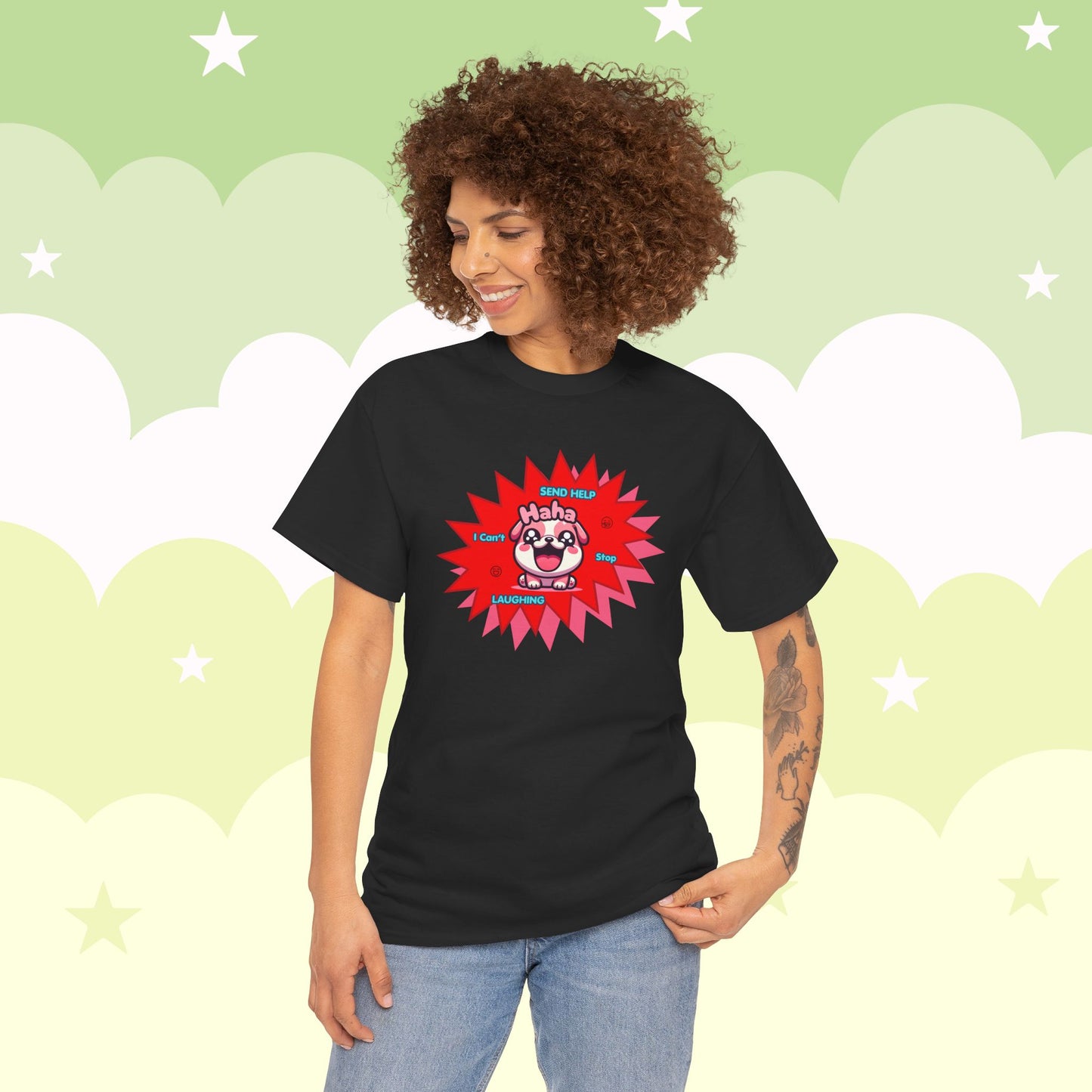 Laughing Pink Bulldog T-Shirt — "Help, I Can't Stop Laughing" Funny Emote Tee