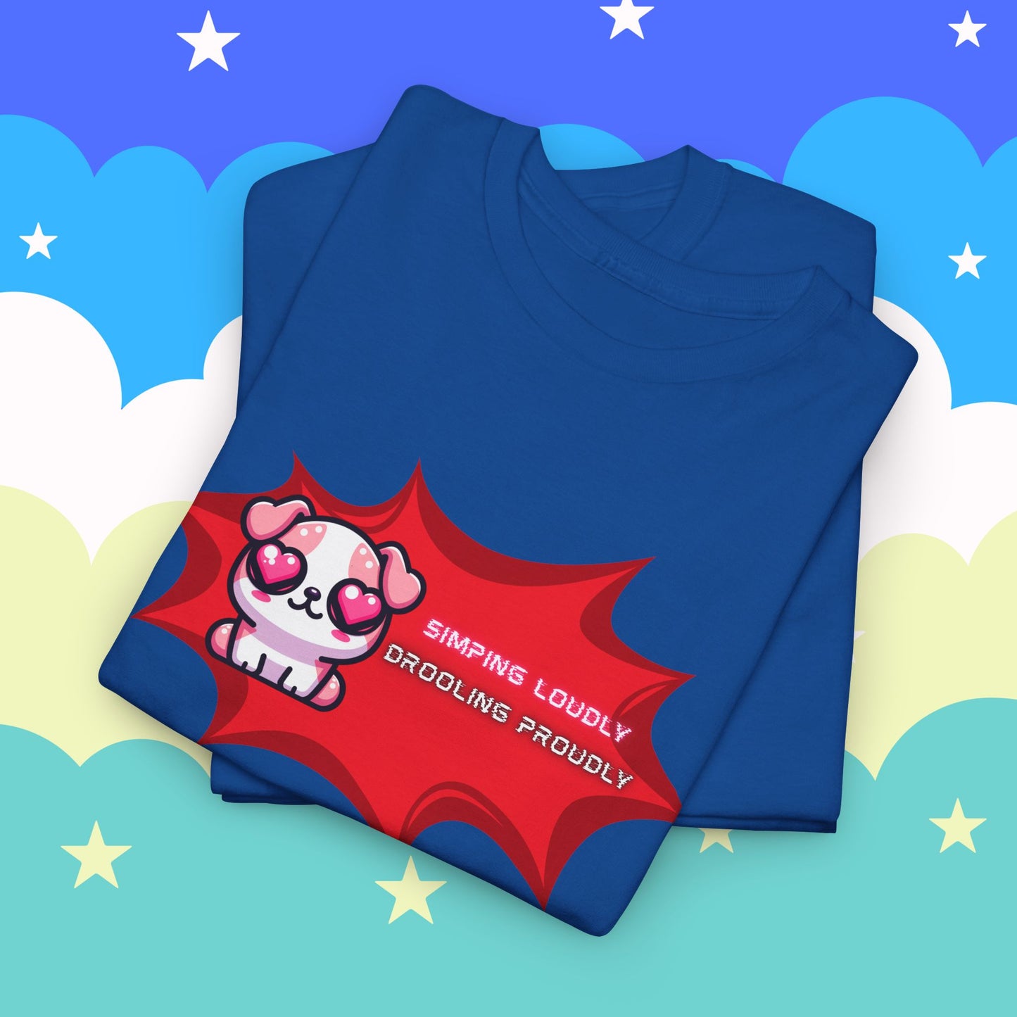 Kawaii Heart-Eyed "Simping Loudly, Drooling Proudly" Pink Bulldog T-Shirt