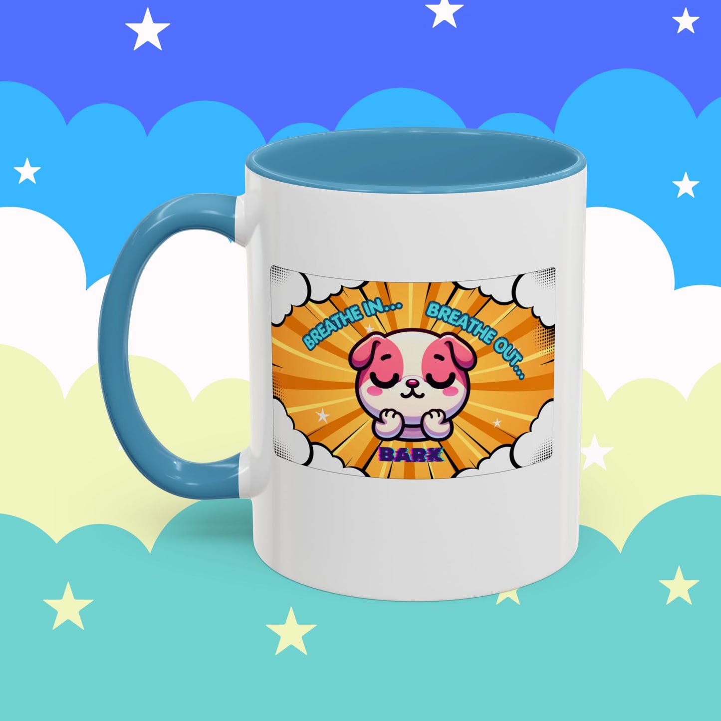 Stay Calm Pink Bulldog Kawaii Emote Coffee Mug — "Breathe In... Breathe Out... Bark"
