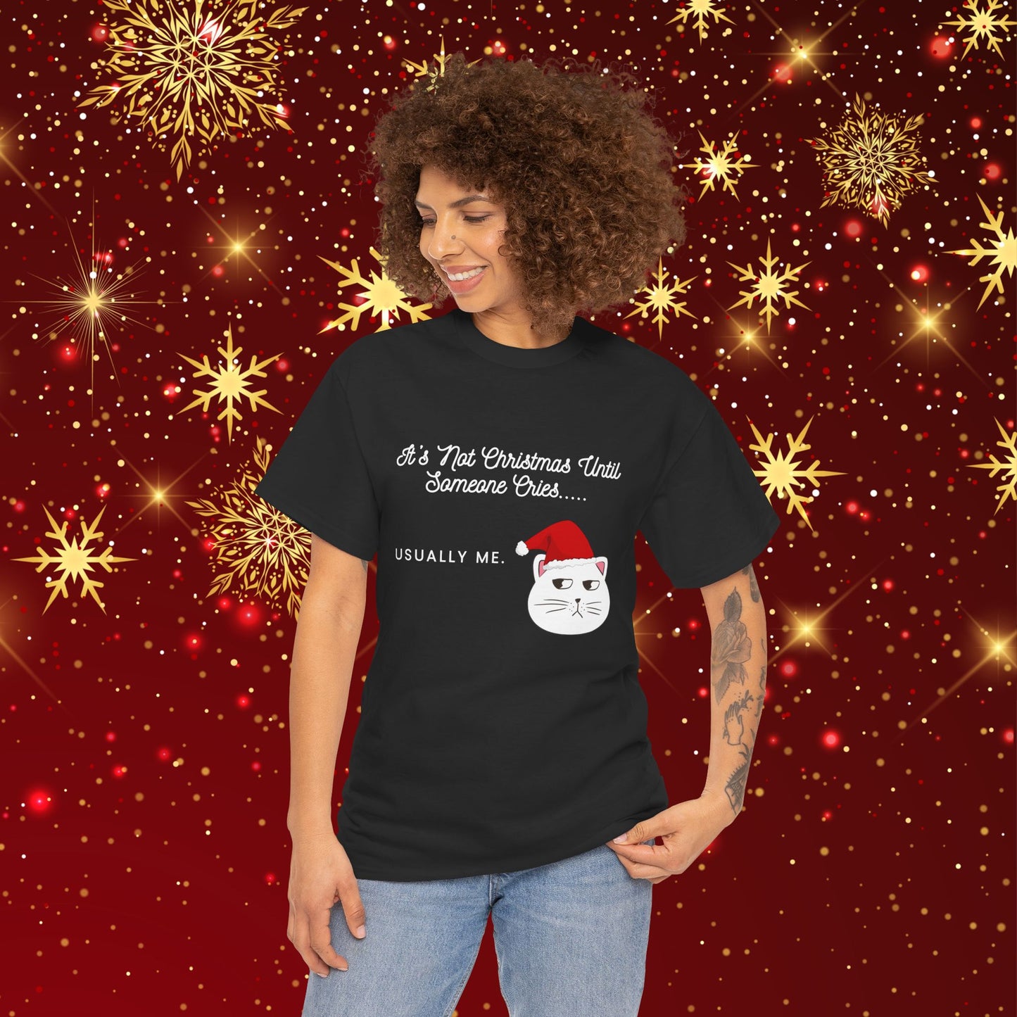 Grumpy Santa Cat Christmas Tee — "It's Not Christmas Until Someone Cries... Usually Me."