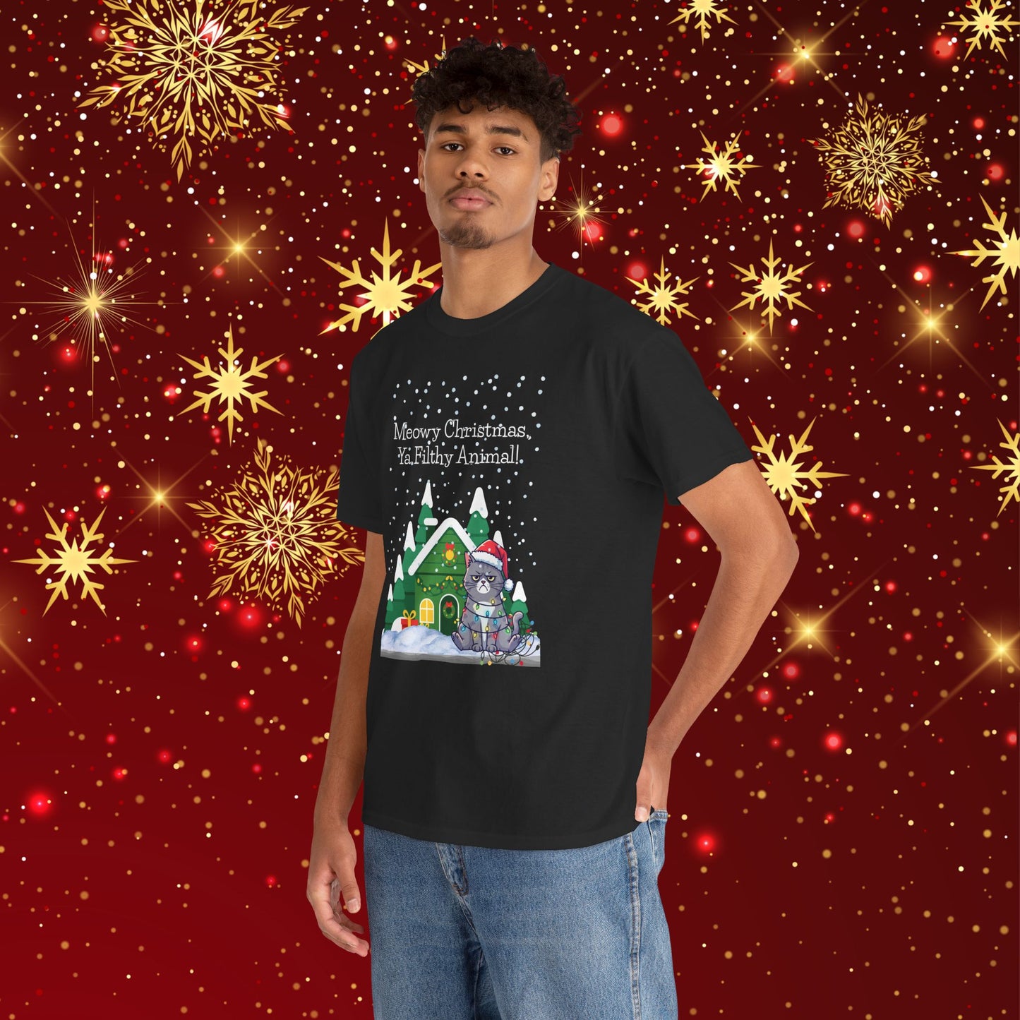 Christmas Cat T-Shirt — “Meowy Christmas Ya Filthy Animal” Holiday Tee