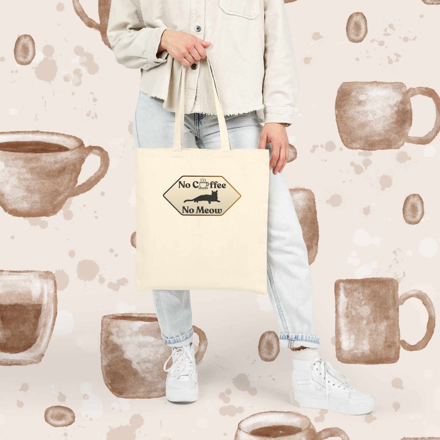 No Coffee No Meow Canvas Tote Bag – Sarcastic Coffee Cat Sign, Funny Cat Lover Coffee Tote