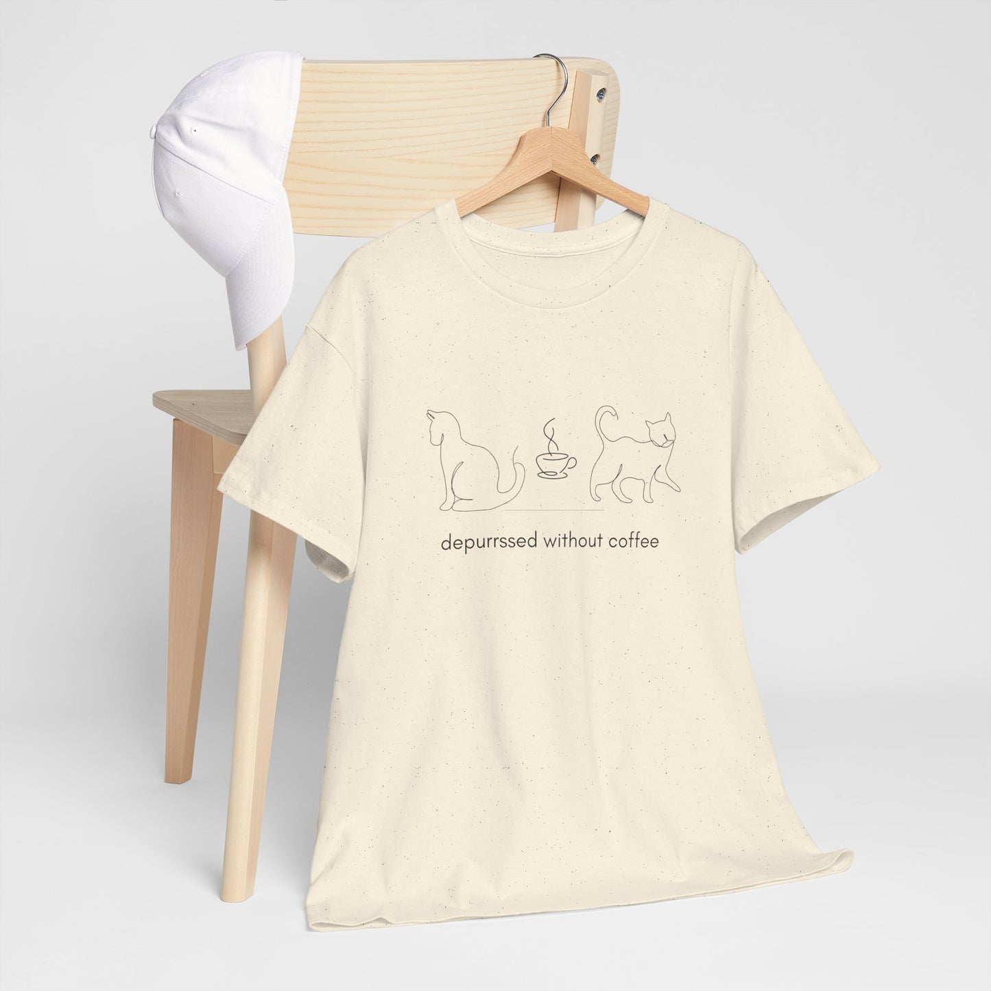 Depurrssed Without Coffee — Minimalist Caffeine Tee, Coffee Cat T‑Shirt