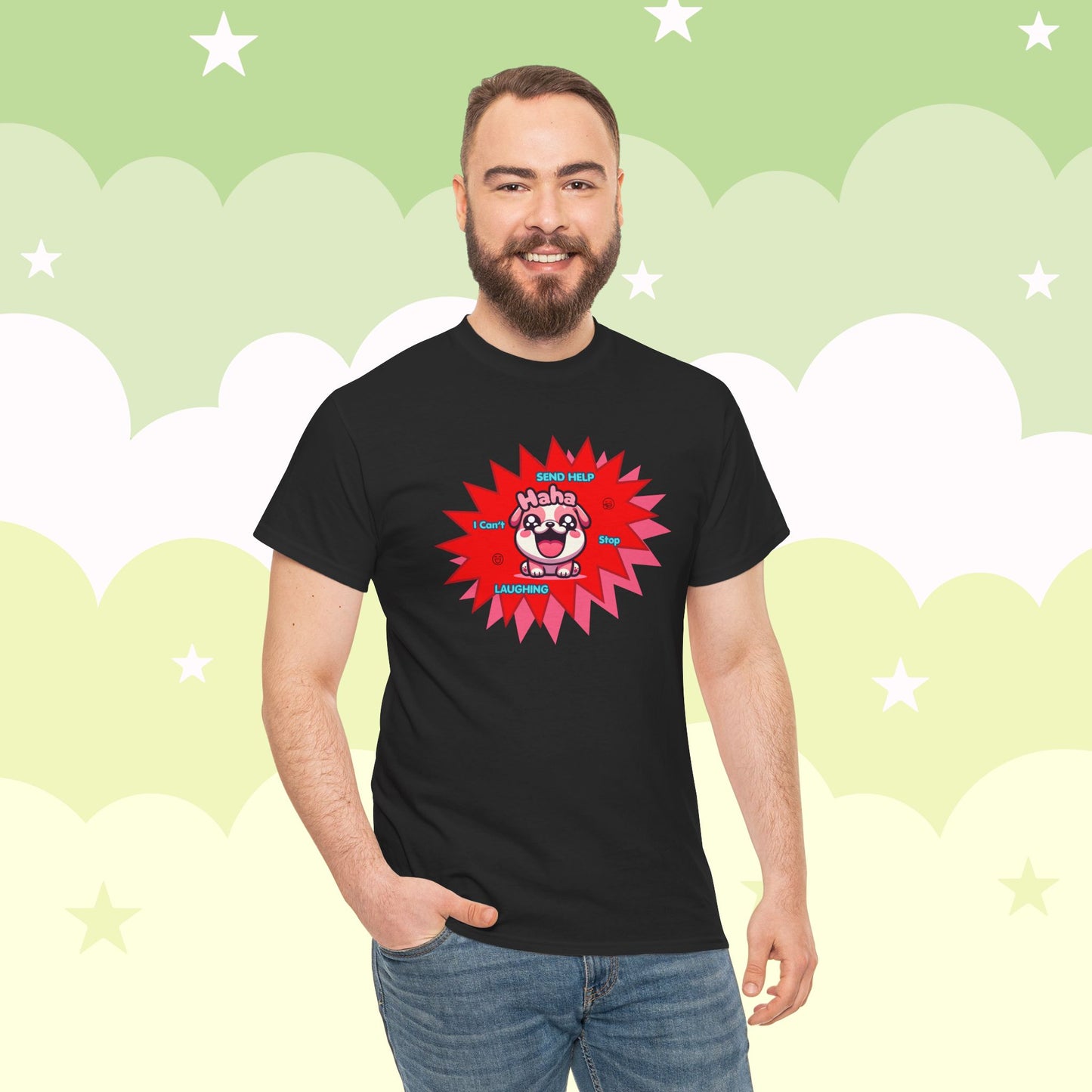 Laughing Pink Bulldog T-Shirt — "Help, I Can't Stop Laughing" Funny Emote Tee