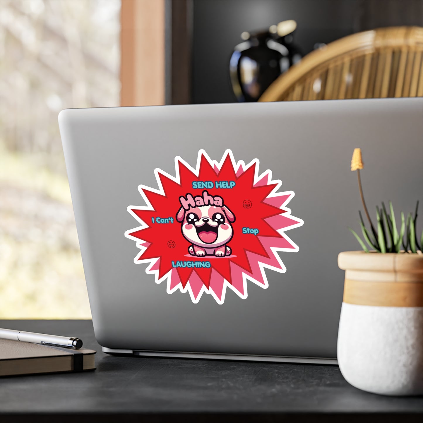 Laughing Pink Bulldog Vinyl Decal — "Send Help, I Can't Stop Laughing" Emote