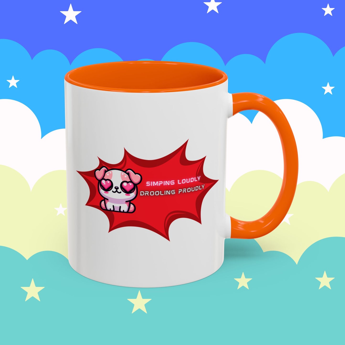 Cute Pink Bulldog Coffee Mug — “Simping Loudly, Drooling Proudly” Kawaii Heart-Eyed