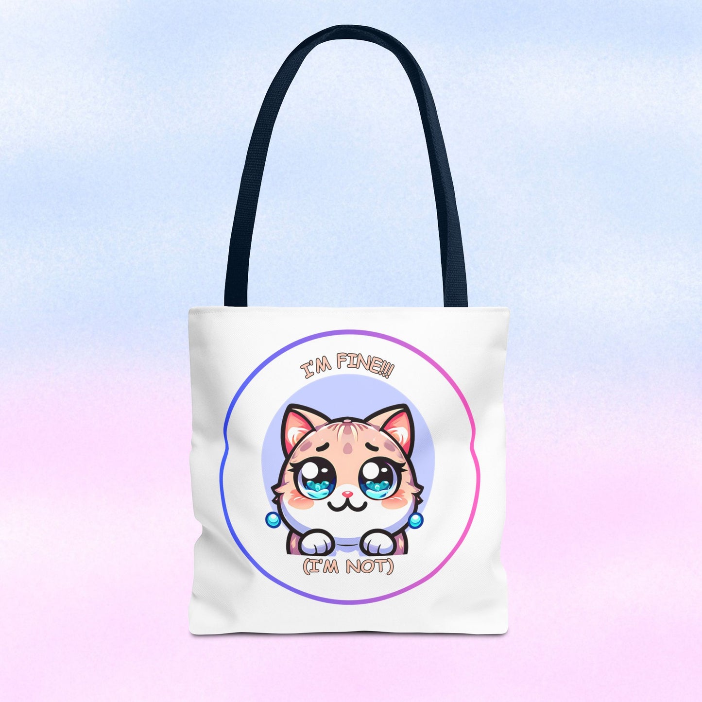 Cute Kawaii Cat Meltdown Emote Tote Bag — "I’m Fine(I'm Not)" Graphic Tote