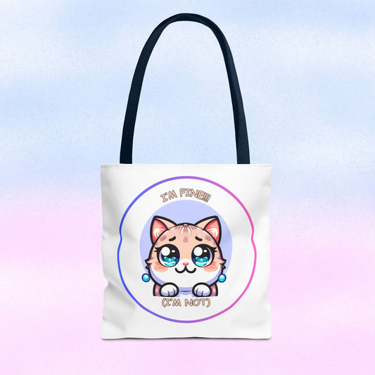 Cute Kawaii Cat Meltdown Emote Tote Bag — "I’m Fine(I'm Not)" Graphic Tote