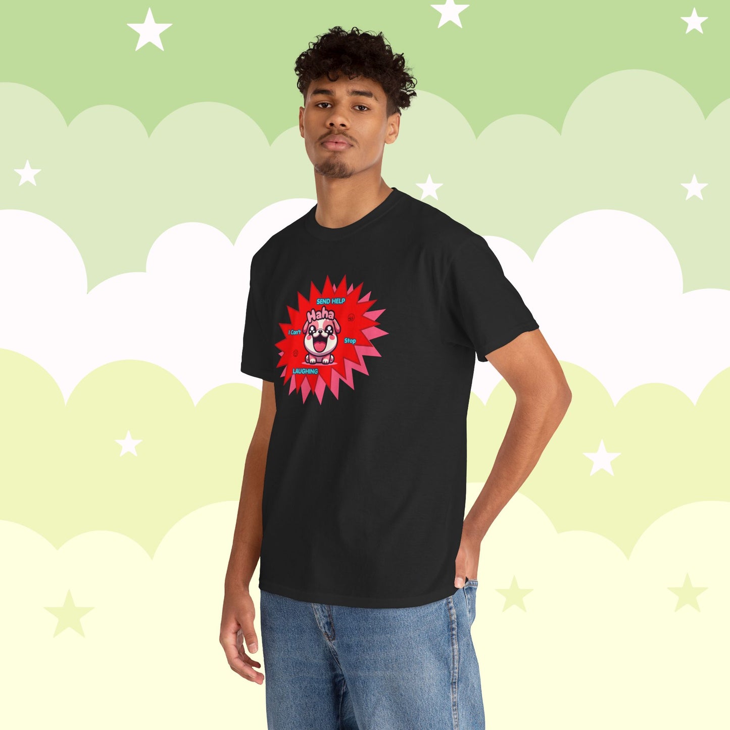 Laughing Pink Bulldog T-Shirt — "Help, I Can't Stop Laughing" Funny Emote Tee