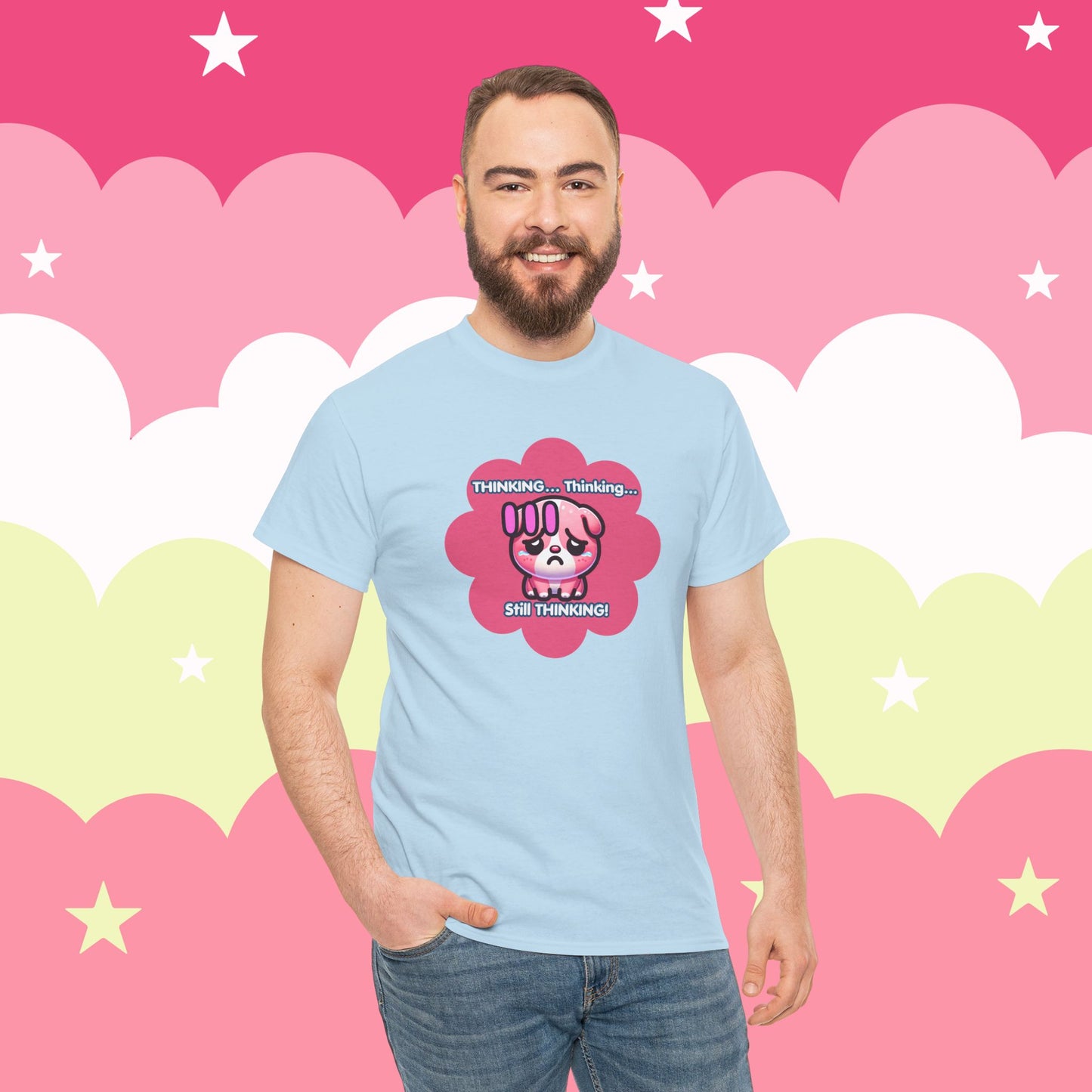 Contemplating Pink Bulldog Emote "Thinking... Still Thinking!" MoodT-Shirt