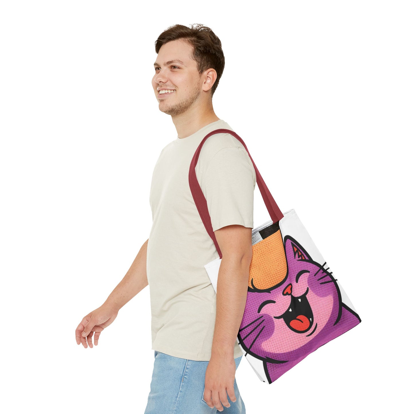 Happy Purple Cat Tote Bag — Cute Kawaii Cat Face AOP Tote