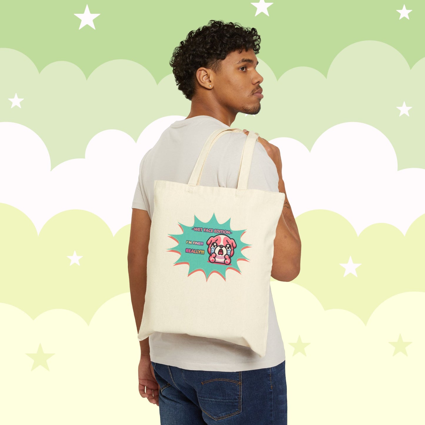 Cute Crying Pink Bulldog Tote Bag — "Wet Face Edition: I'm Fine! REALLY!!!"