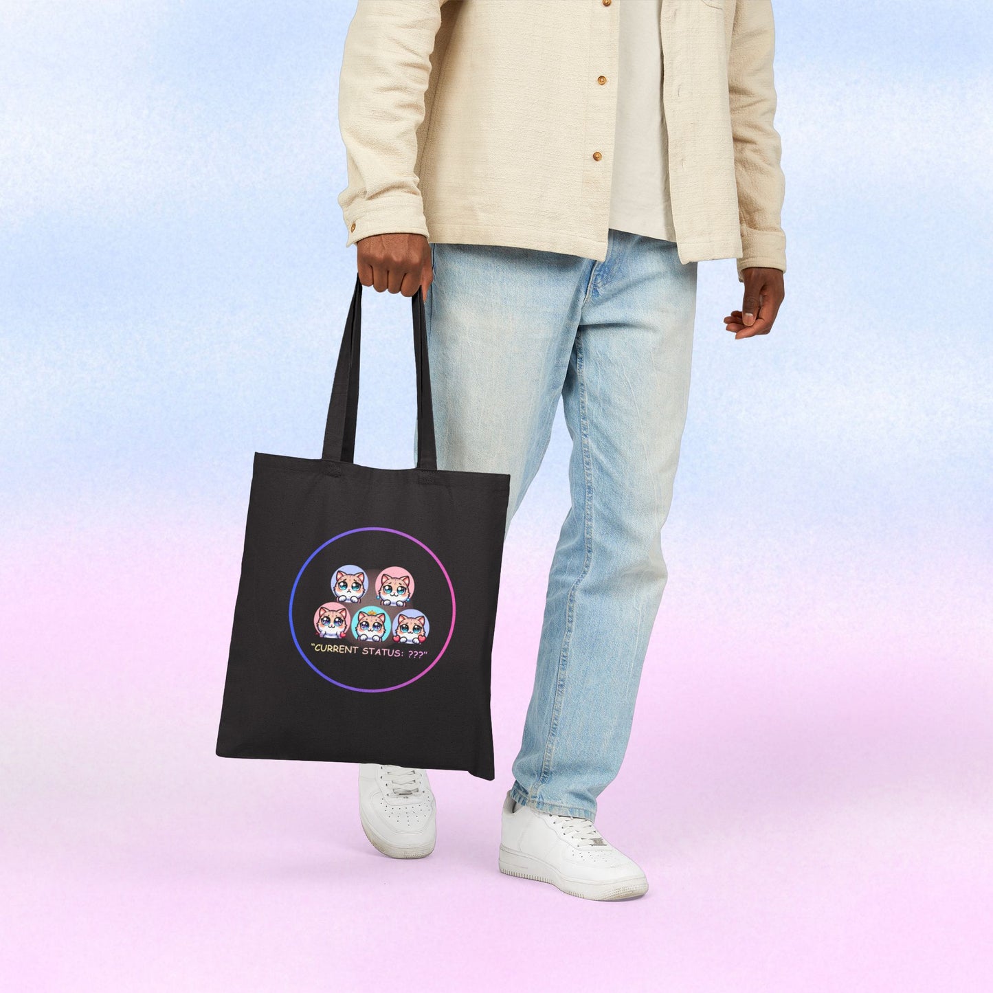 Cat Mood Tote Bag — Cute Kawaii Cat Faces "Current Status: ???" Canvas Tote